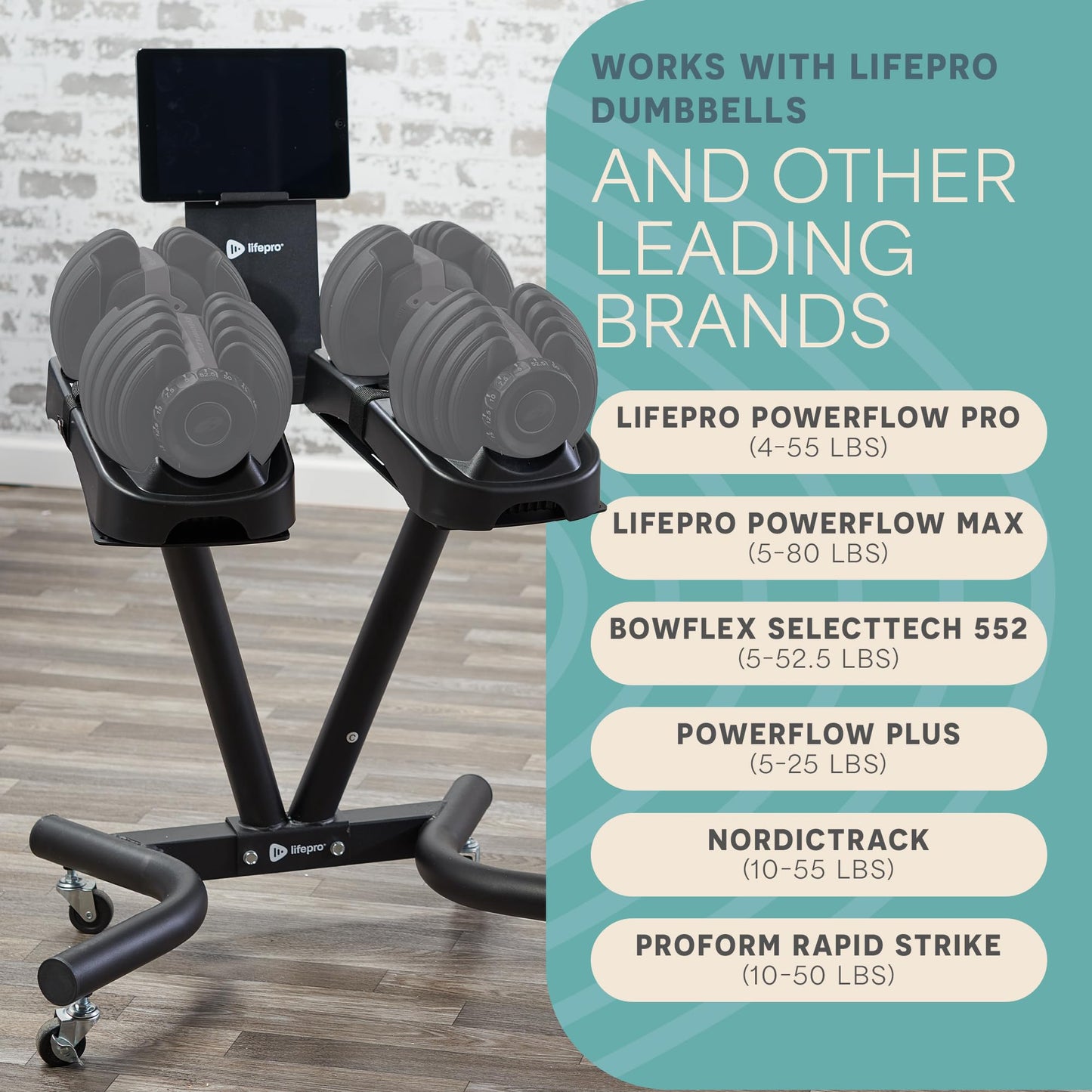 Lifepro PowerFlow Pro Stand — Adjustable Dumbbell Stand & Rack with Locking Wheels Phone/Tablet Holder — Compatible with PowerFlow Plus, PowerUp Plus & Other Brands – Smart, Space-Saving for Home Gym