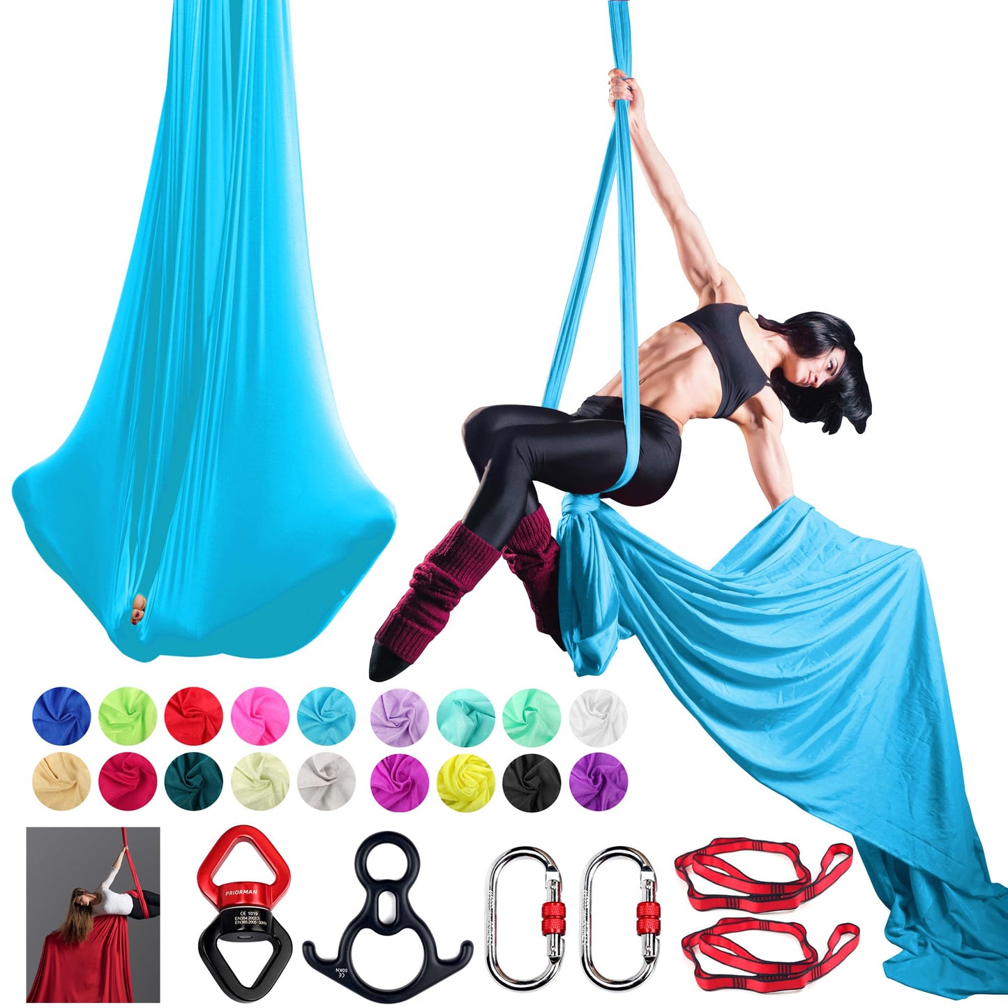 PRIORMAN Aerial Silk Set, Premium 9Yards/8.2m Medium Stretch Fabric Silks, Perfect for AntiGravity Hammock Yoga Training & Dance Circus Performances Includes Hardwares & Daisy Chains（lake blue）