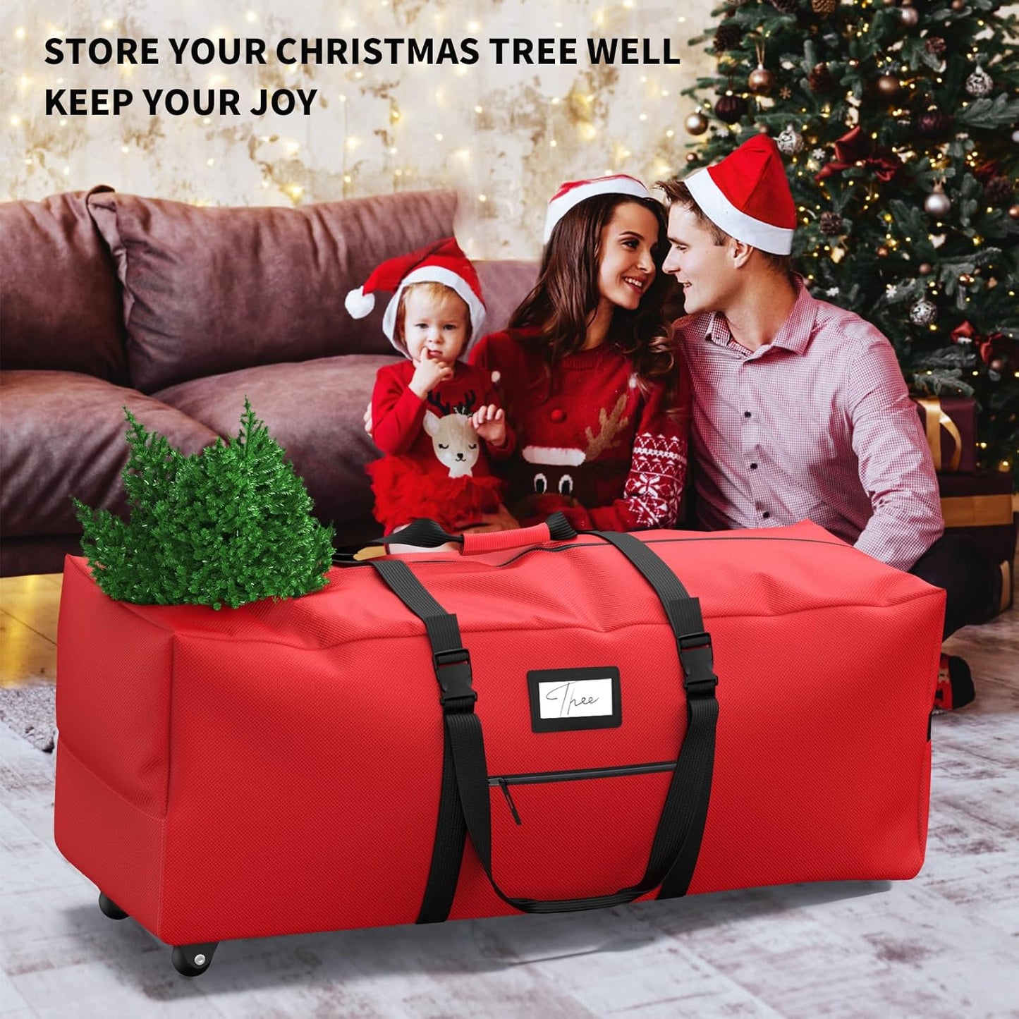 Rolling Christmas Tree Storage Bag - Extra Large Container for 7.5 ft Artificial Trees | Red with Wheels & Handles