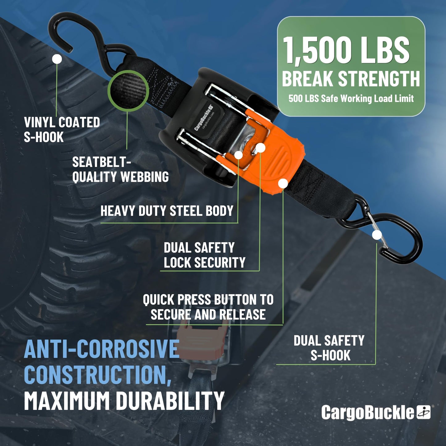CargoBuckle Trailcase Deluxe Retractable Ratchet Straps, Tie-Down Ratcheting System: Includes 4 Straps, 4 Soft Loop Hook Converters & Weatherproof Case, for Loads Up to 5,600 lbs (1-Inch)