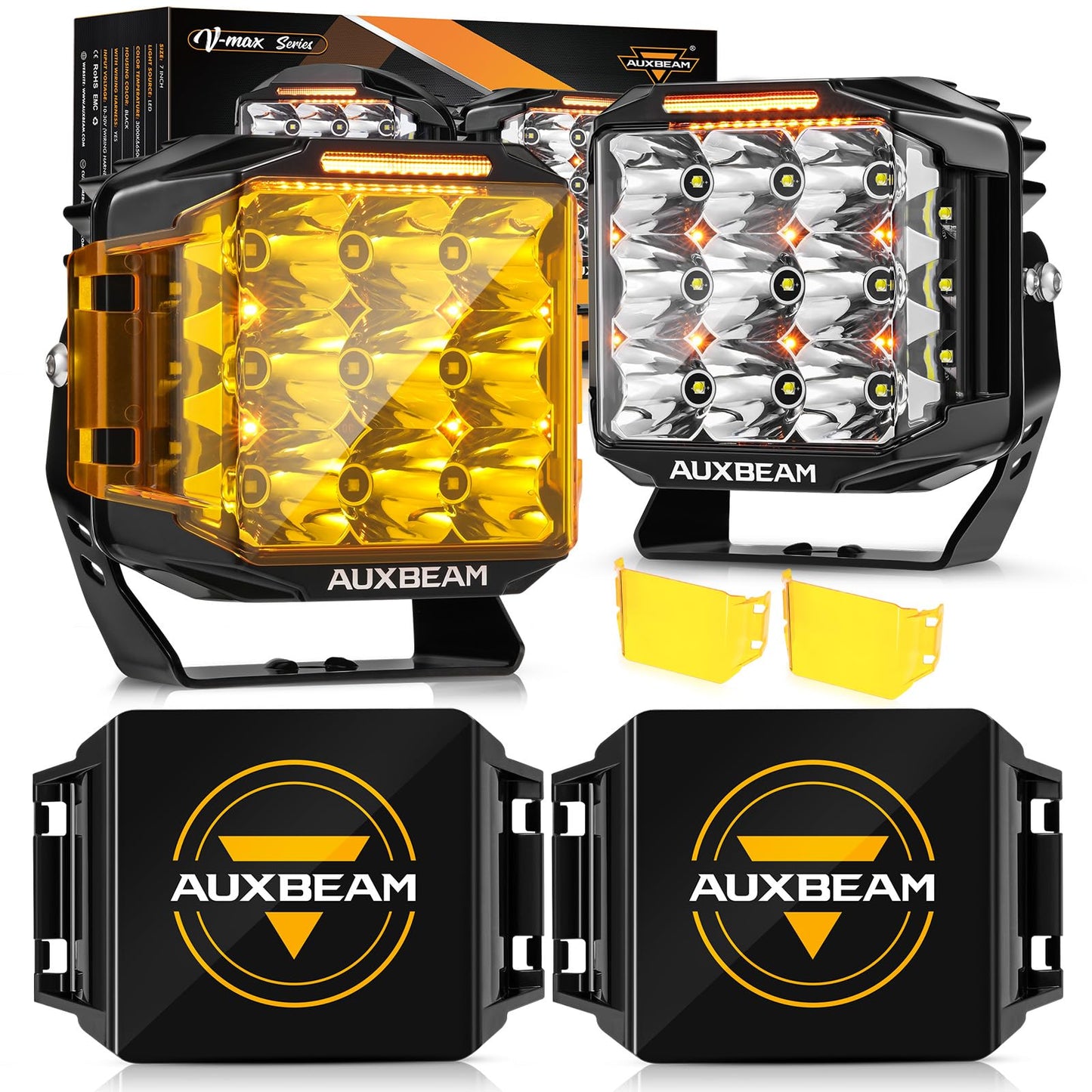 Auxbeam 7" 228W LED Cube Pods Offroad Driving Light with Side Shooter+Auxbeam 7 inch Black Pod Light Covers