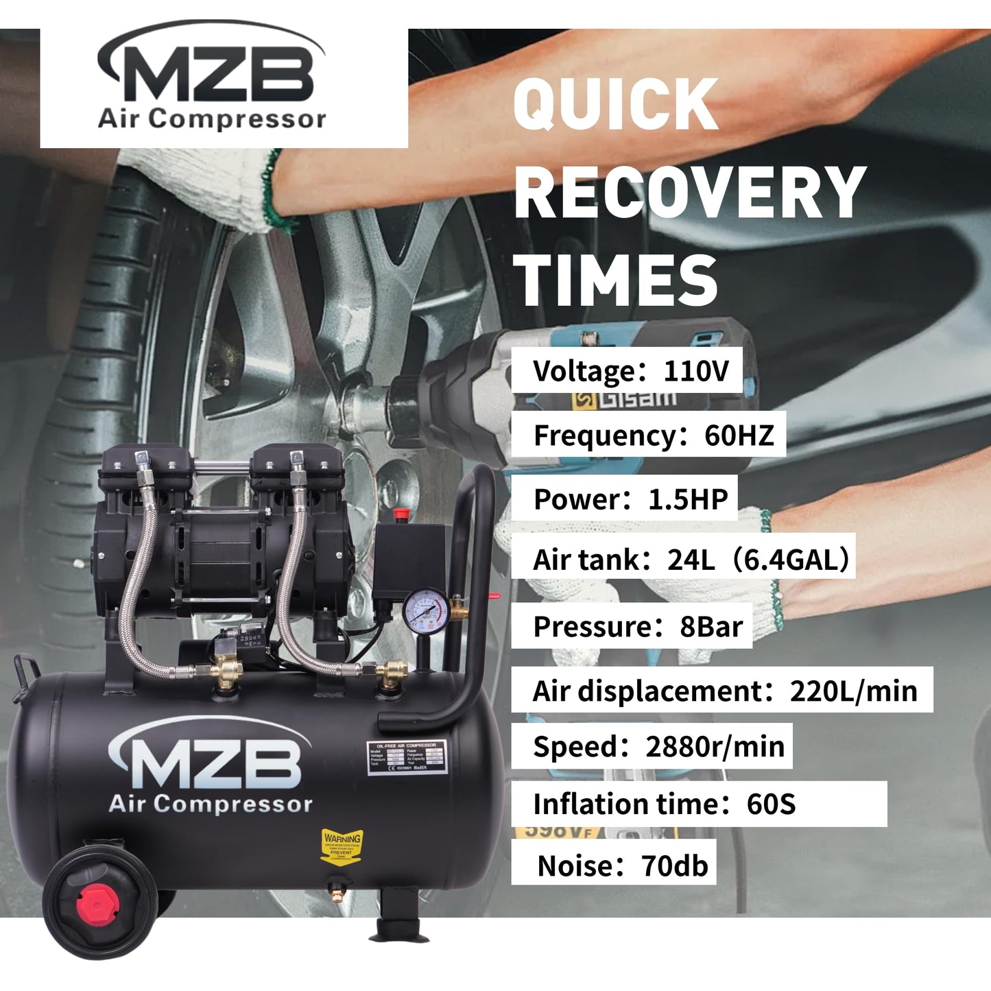 MZB 6.4 Gallon Ultra Quiet Air Compressor 110V/60Hz 7.41CFM 1.5HP, MAX 115PSI Steel Tanks Oil-Free 70dB Noise Level Air Compressor with Wheels for Spray Painting, Auto Repair, Carpentry Decoration