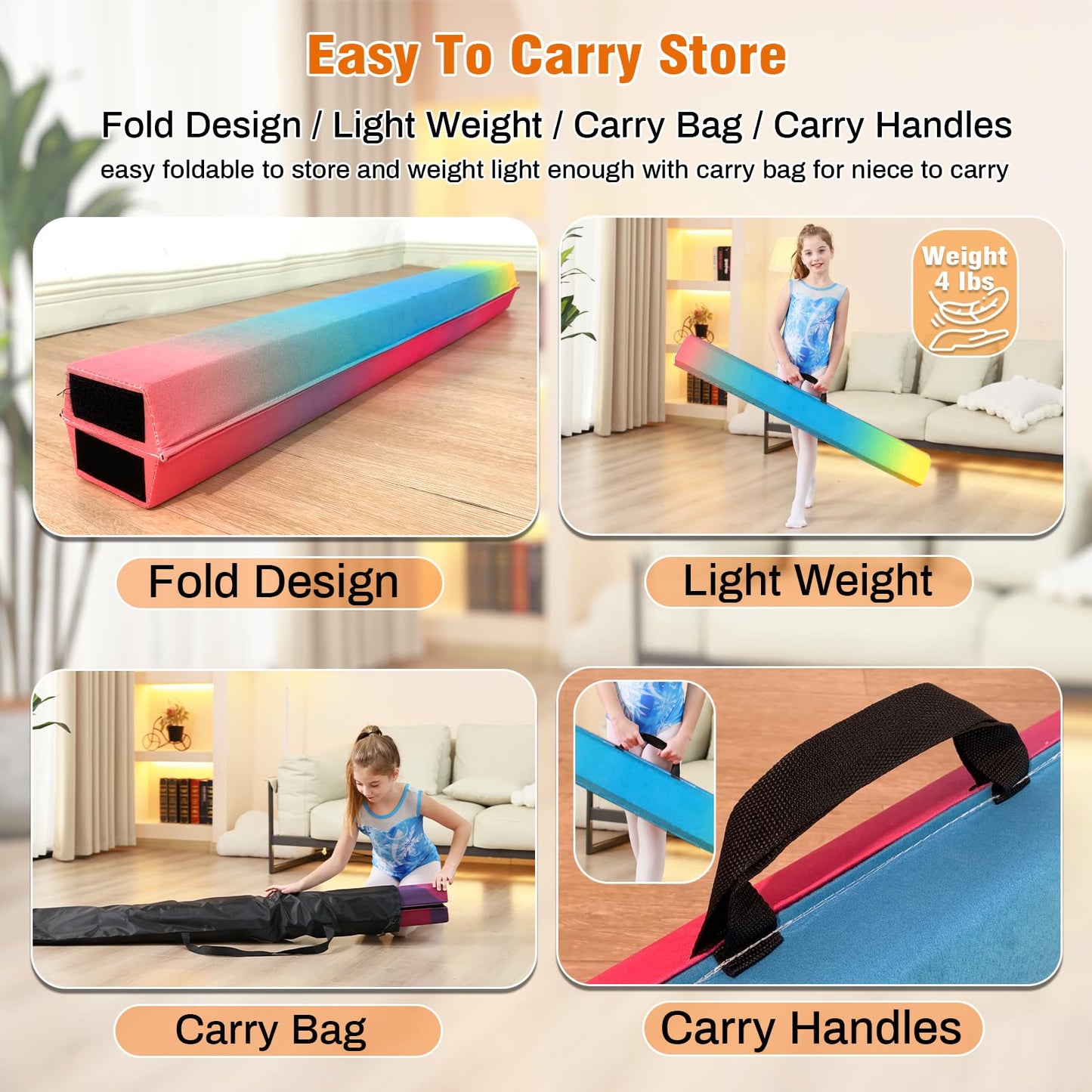 MARFULA 6 FT / 8 FT / 9 FT Folding Gymnastics Beam Foam Balance Floor Beam - Extra Firm - Suede Cover - Anti Slip Bottom with Carry Bag for Kids/Adults Home Use