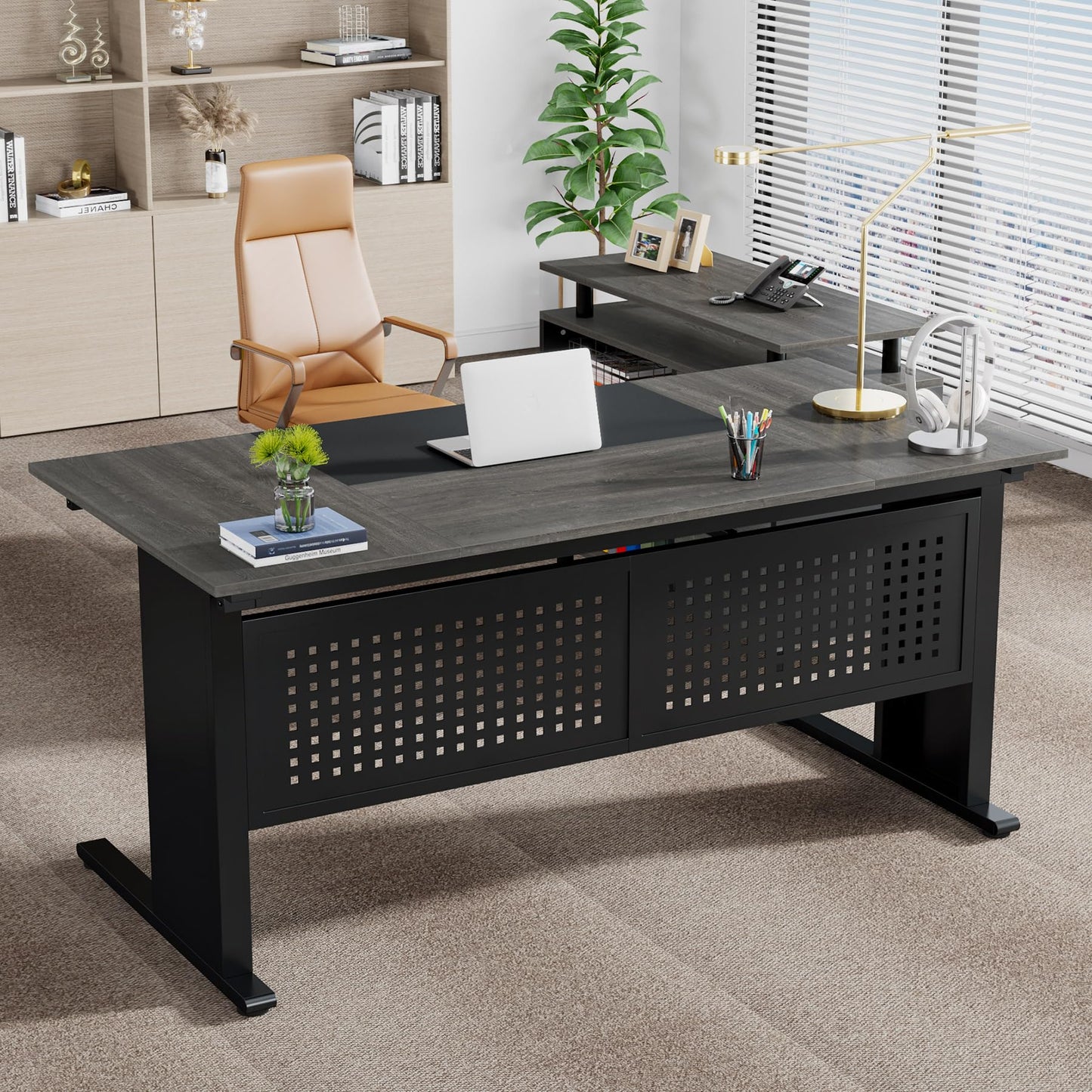 Tribesigns 63 Inch Executive Desk with File Cabinet, L Shaped Office Desk with Drawers and Storage Shelves, Business Furniture Set Workstation for Home Office, Gray and Black