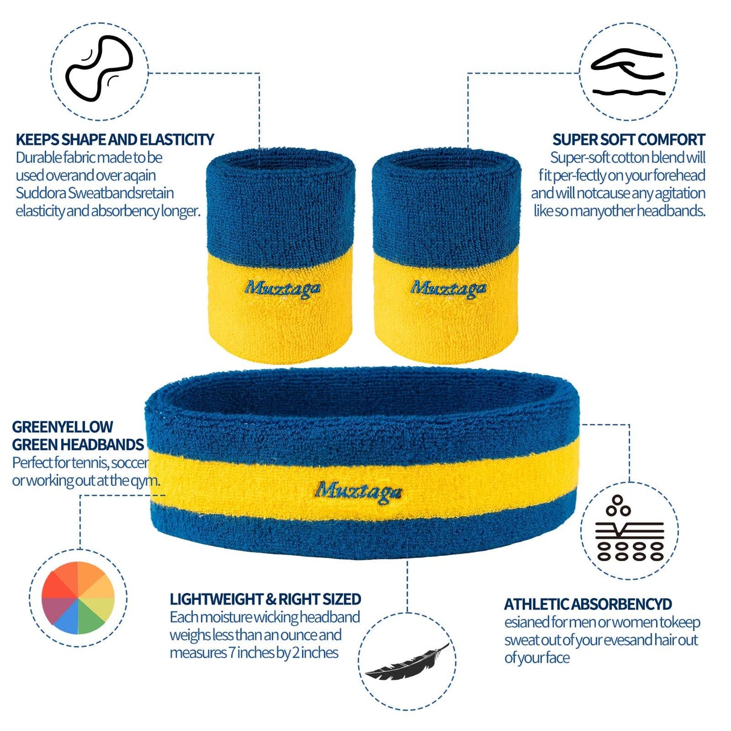 [3-Piece Set] Sweatbands for Men & Women - Includes 1 Headband & 2 Wristbands - Blue & Yellow Terry Cloth Athletic Sweat Bands - Moisture Wicking for Basketball, Tennis, Gym, Running