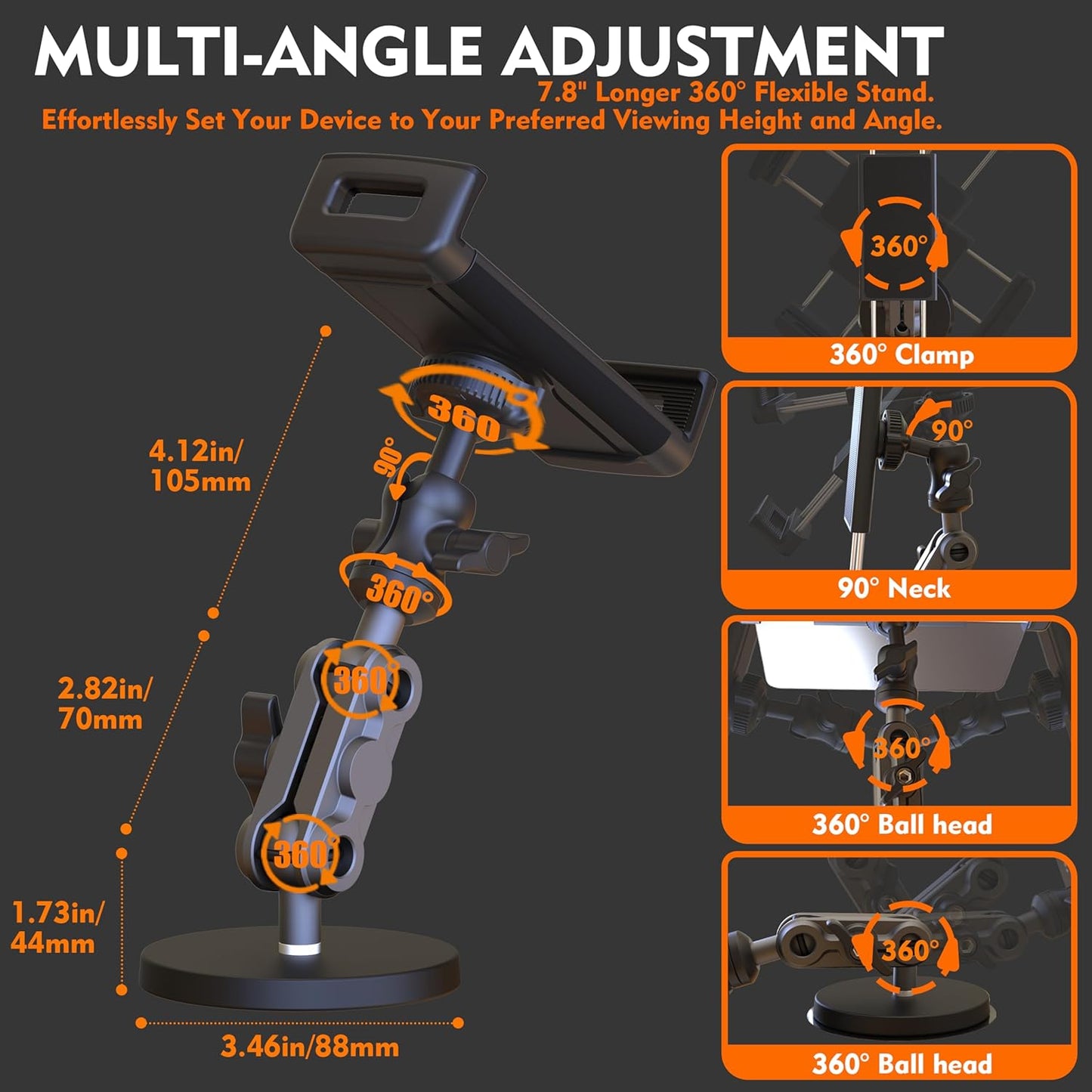 VasSmtCPH 360Adjustable 7.7" 3.5" 4-13" Universal Magnetic Tablet Holder Aluminum Heavy Duty Arm Magnetic Base