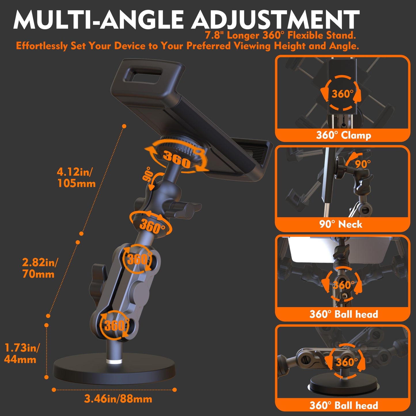 VasSmtCPH Universal Magnetic Tablet Holder 360°Adjustable 7.7" Aluminum Heavy Duty Arm 3.5" Magnetic Base for Fridge Whiteboard Gym Warehouse Kitchen Fits 4-13" Tablets, Phones