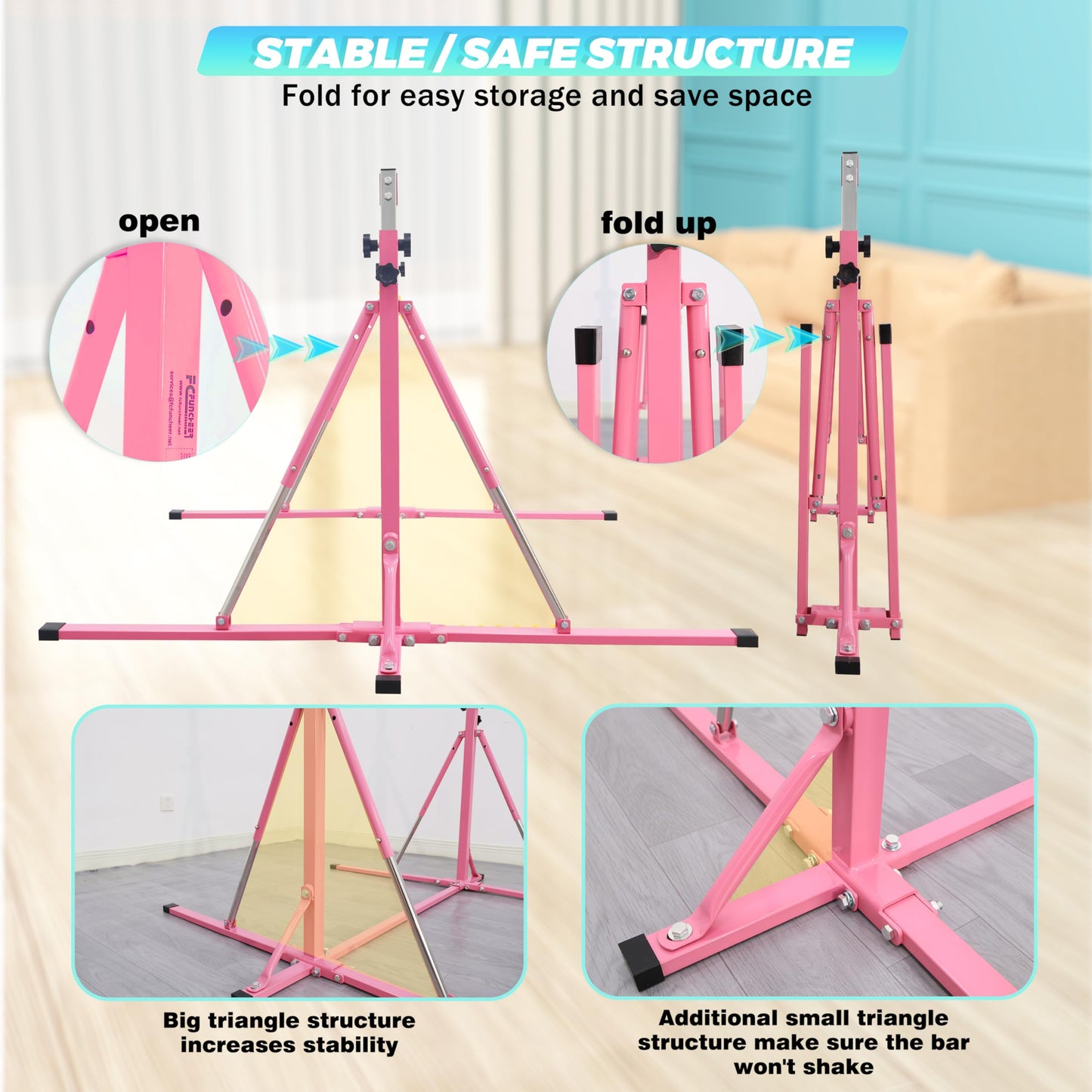 FC FUNCHEER Foldable Gymnastics Bar,5FT Horizontal bar,Adjustable Kids Training bar for Kids Ages 3-15,Kids Gymnastics bar,Triangle Stable Structure-Gym Equipment for Home