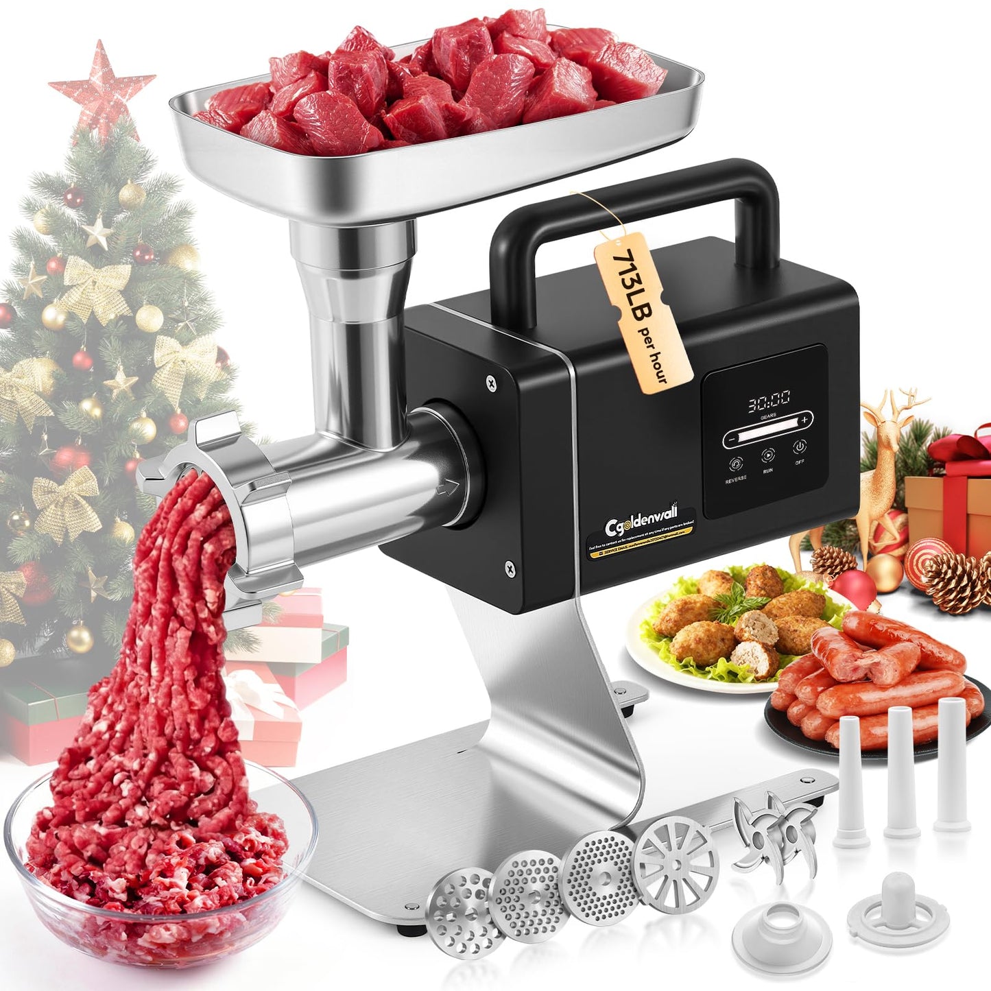 CGOLDENWALL Meat Grinder, 1.36HP Electric Meat Grinding, Heavy Duty Stainless Steel Meat Mincer & Sausage Stuffer with 5-Speed for Effortless Meat & Bone Processing, Home Kitchen & Commercial Use