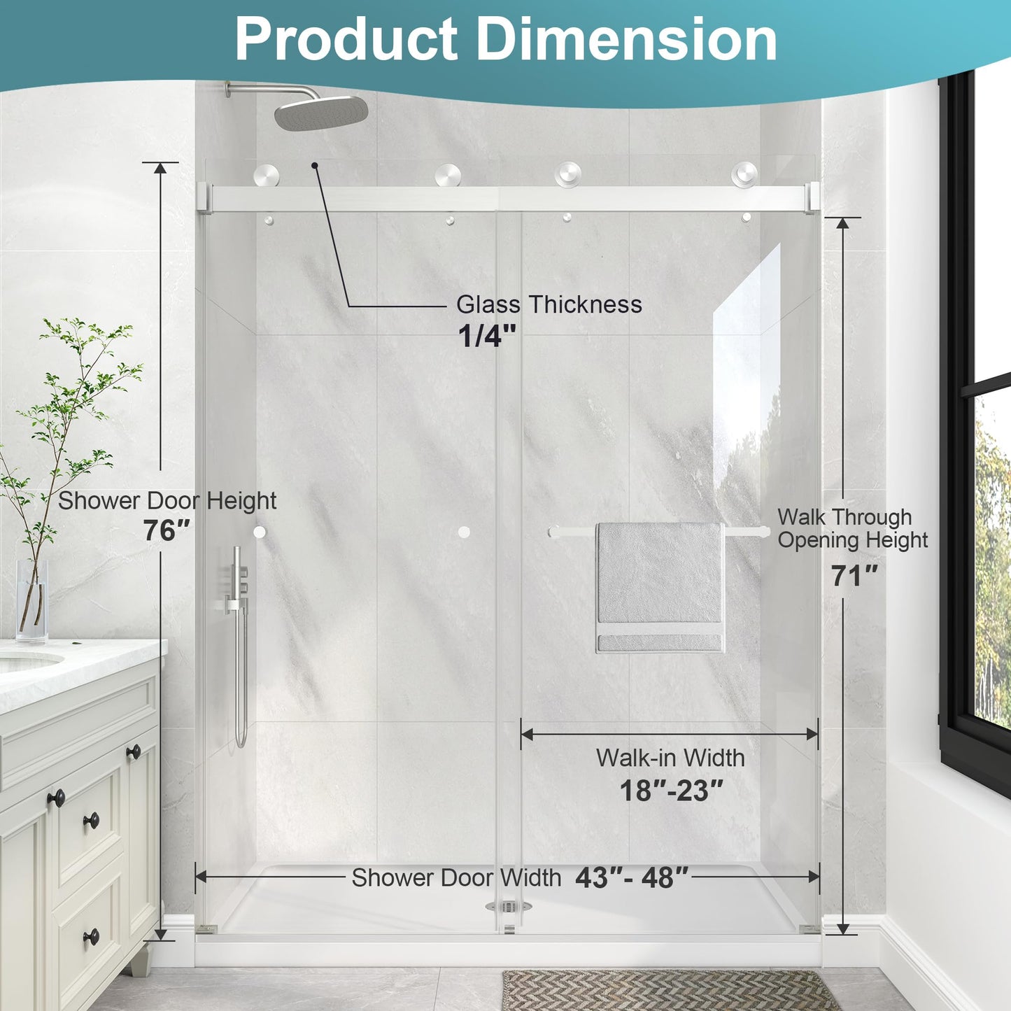 KPUY Frameless Shower Door, 43-48" W x 76" H Double Sliding Glass Shower Door, 1/4" (6mm) Thick Tempered Clear Glass with Explosion-Proof Film Nano Coating, Brushed Nickel