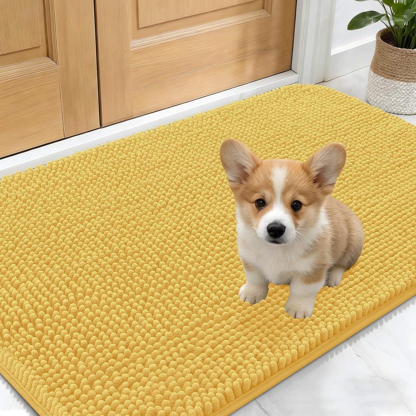 OLANLY Dog Door Mat - Absorbent Non-Slip Chenille Mat for Muddy Paws | 30x17 Inches, Quick Dry, Yellow