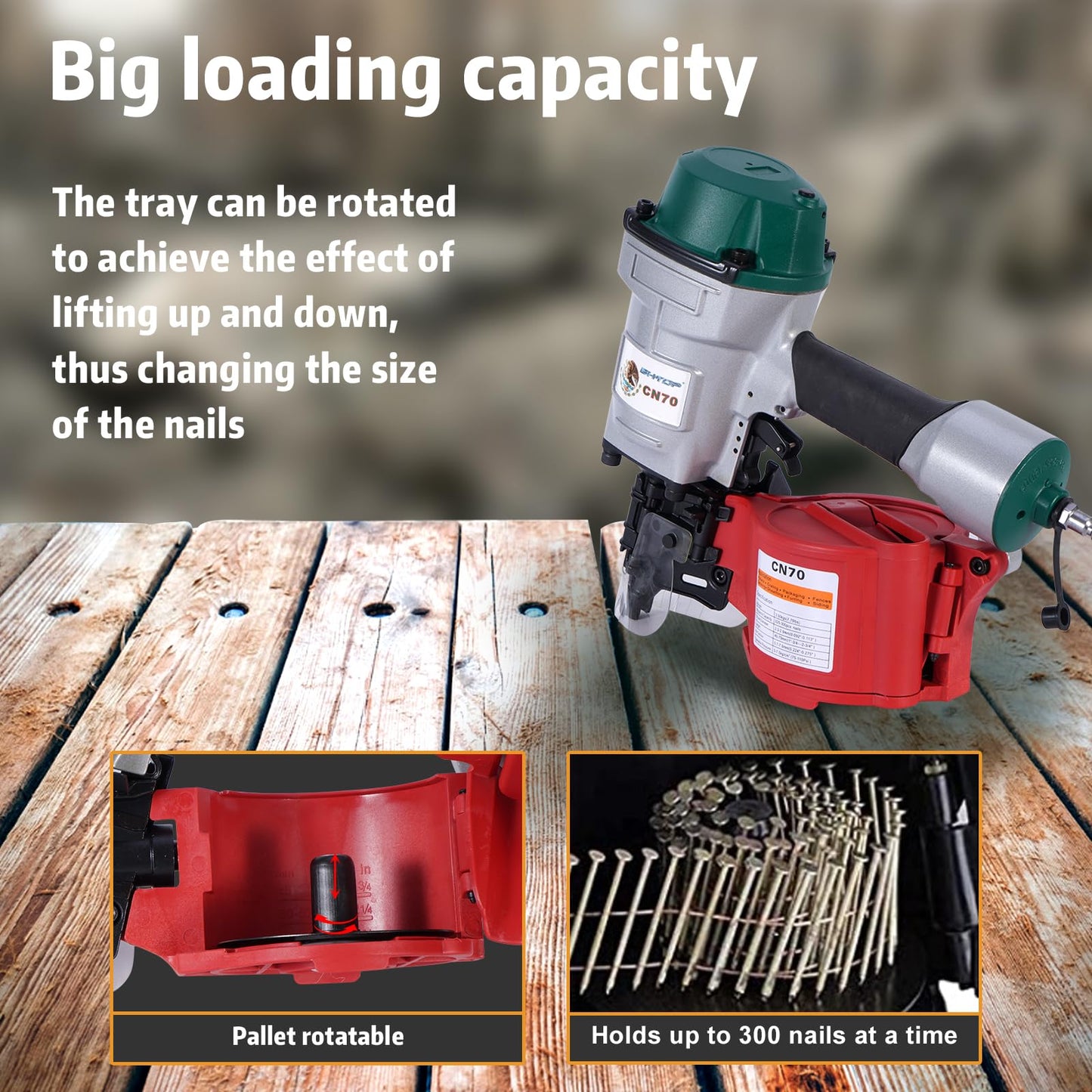 BHTOP Mexican Style CN70 Coil Siding Nail Gun, 15 Degree Pneumatic Siding Nailer, 1-3/4" to 2-3/4" Coil Siding Nailer for Siding Sheathing Wooding Fencing Decking