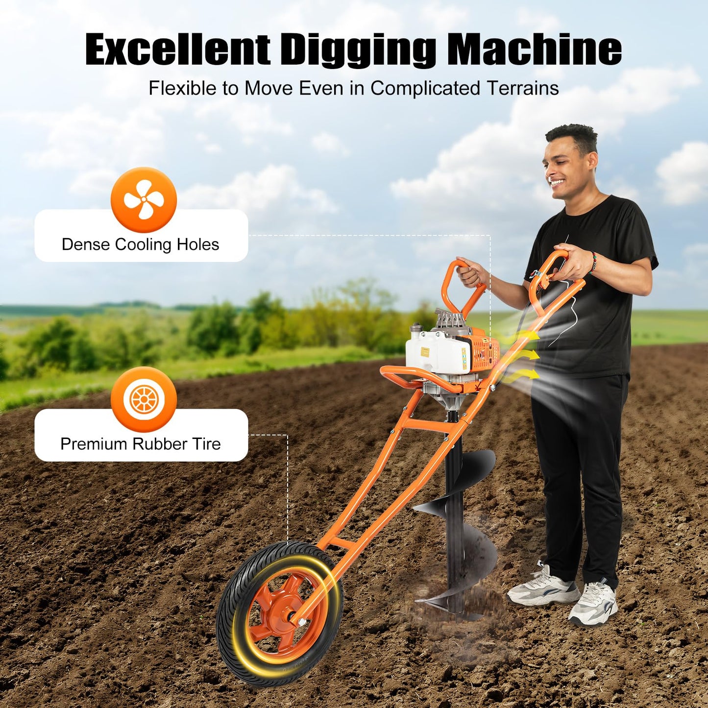 63CC 2-Stroke Hole Digger, 3HP Gas Powered Earth Auger Post Hole Digger Ground Drilling Machine Gasoline Earth Auger Wheelbarrow w/Extra-Large Fuel Tank & Bits for Fence Ground Drill Planting (Orange)