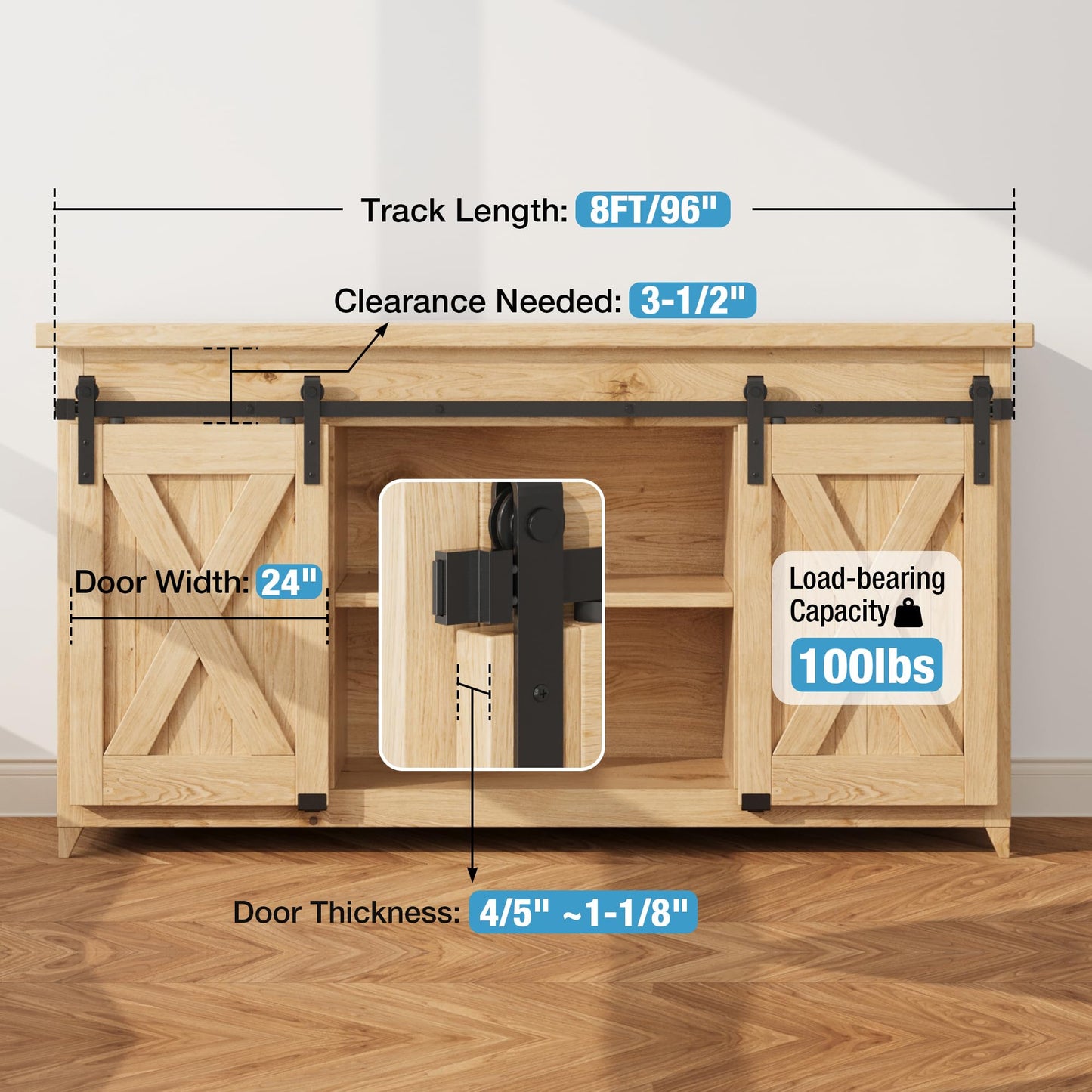 ZEKOO 8FT Super Mini Sliding Barn Door Hardware Kit for Double Door Cabinet, Small Barn Door Hardware Track Kit for TV Stand, Cupboards, Storage Cabinets, Wardrobes, J Shape Hanger (No Cabinet)