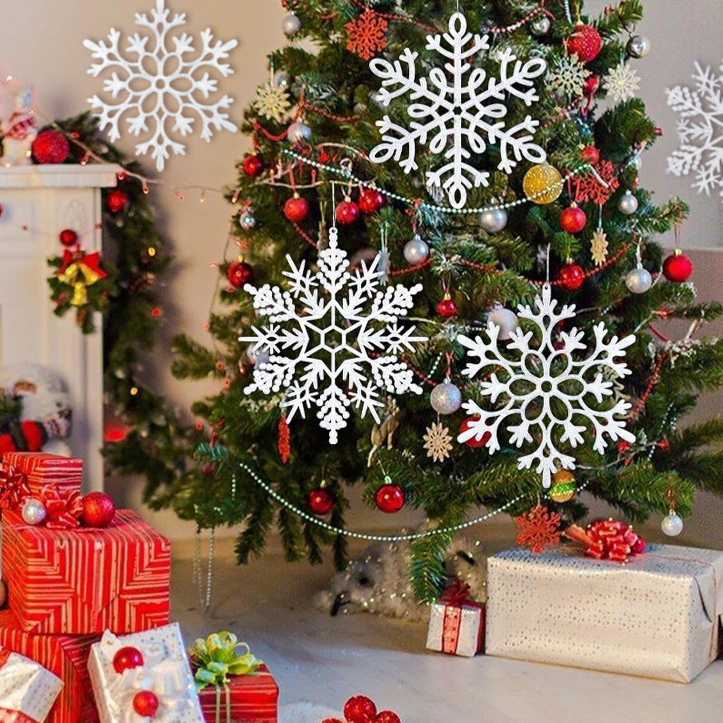 Skiennix 8Pcs Large White Snowflake Ornaments - 12'' Plastic Hanging Decorations for Christmas & Winter Decor