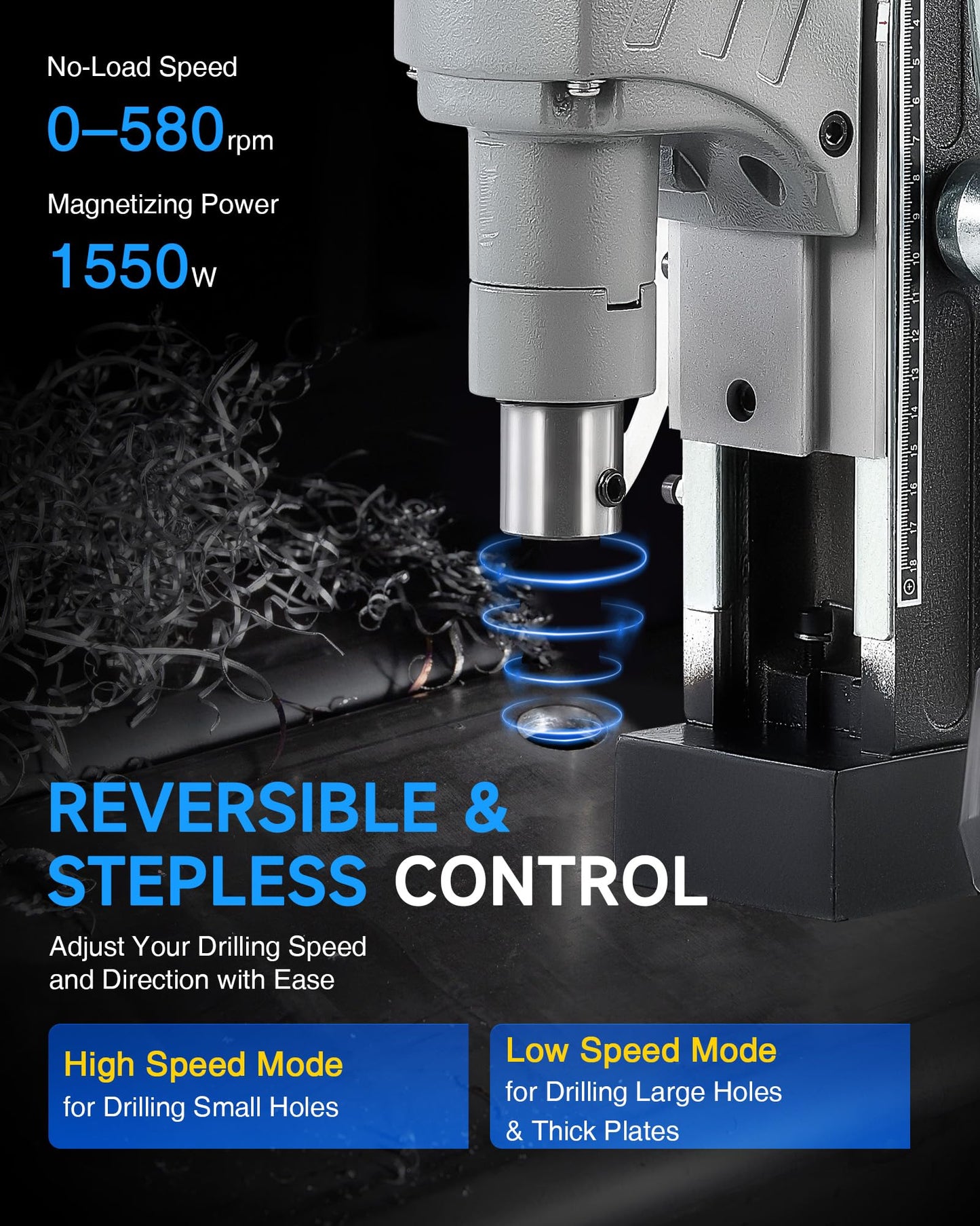 ZELCAN Mag Drill Press, 1550W Portable Magnetic Drill Press with 2" Boring Diameter, 0-580 rpm Stepless Speed & Reversible Direction, 2922 lbf Mag Force Electric Drilling Machine for Metal Surface
