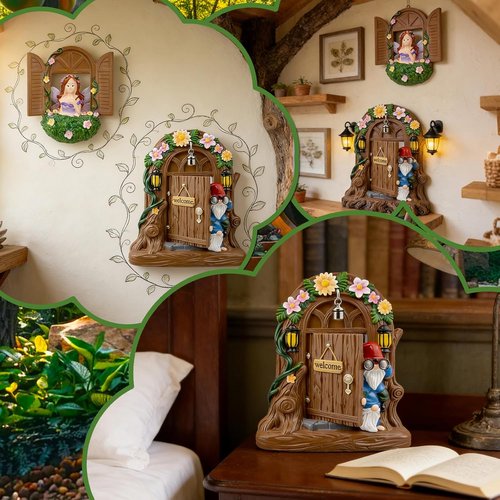 Exasinine Fairy Door and Windows Set - Gnome Statue Garden Sculpture for Outdoor Decor
