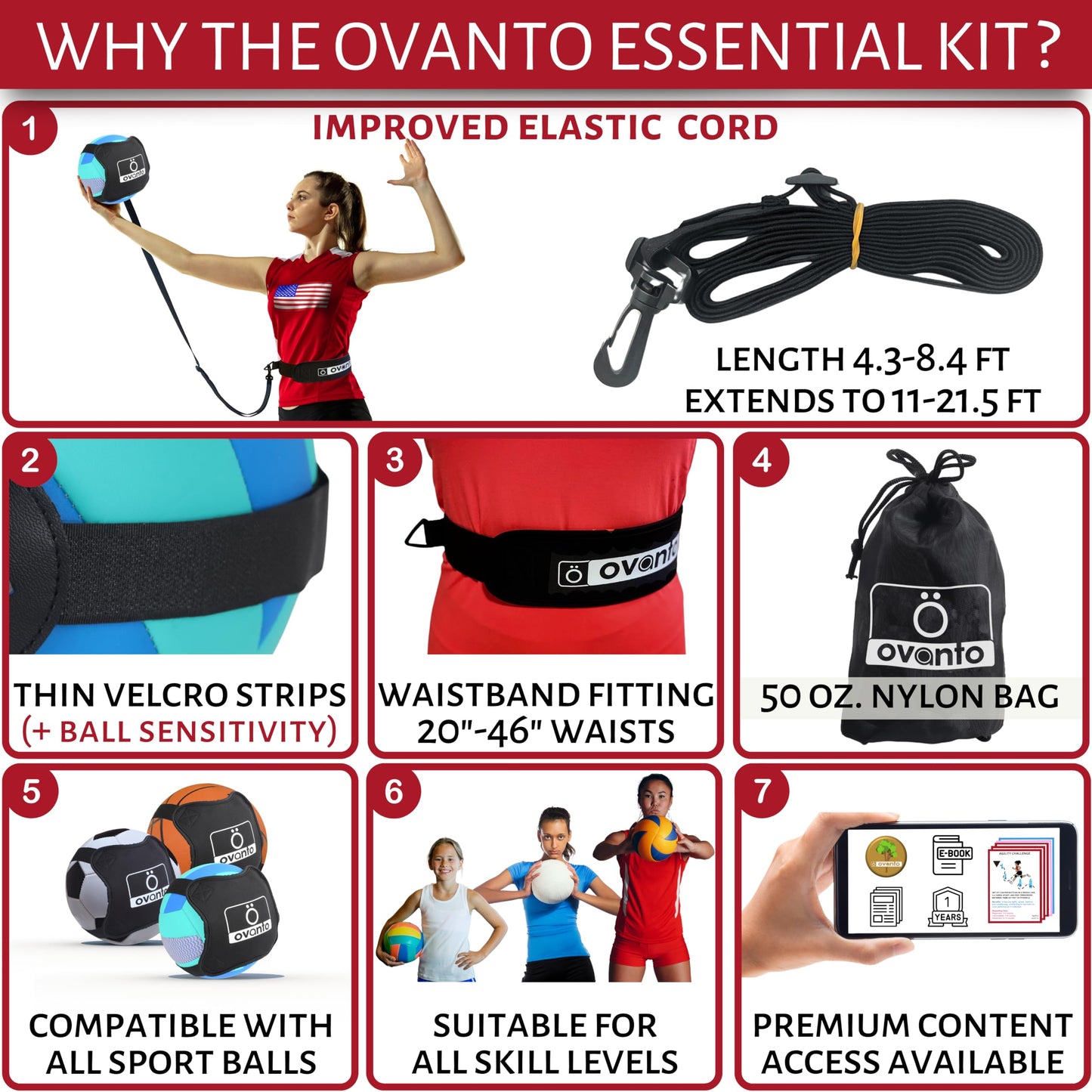 OVANTO Volleyball Training Equipment Aid – Adjustable Practice Volleyball Kit with Ultra-Stretch Neoprene, Exclusive Nylon Bag & Premium Content with Free ebooks, Best Gift for Beginners & Experts