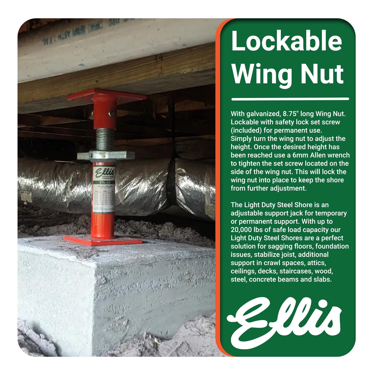 Ellis Manufacturing Light-Duty Steel Construction Jack - Adjustable Screw Jack Post for Floor Leveling, Beams, and Concrete - 20,000 lb Load Capacity - 13"-17" Adjustment, House Jacks for Leveling