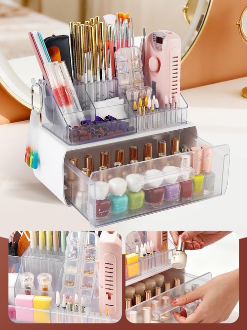 LIARTY Nail Drill Holder with Drawer: Acrylic Nail Drill Bits Holder Makeup Organizer Case for Brush - Beauty Cosmetic Storage Box for Dresser Countertop and Bathroom Vanity