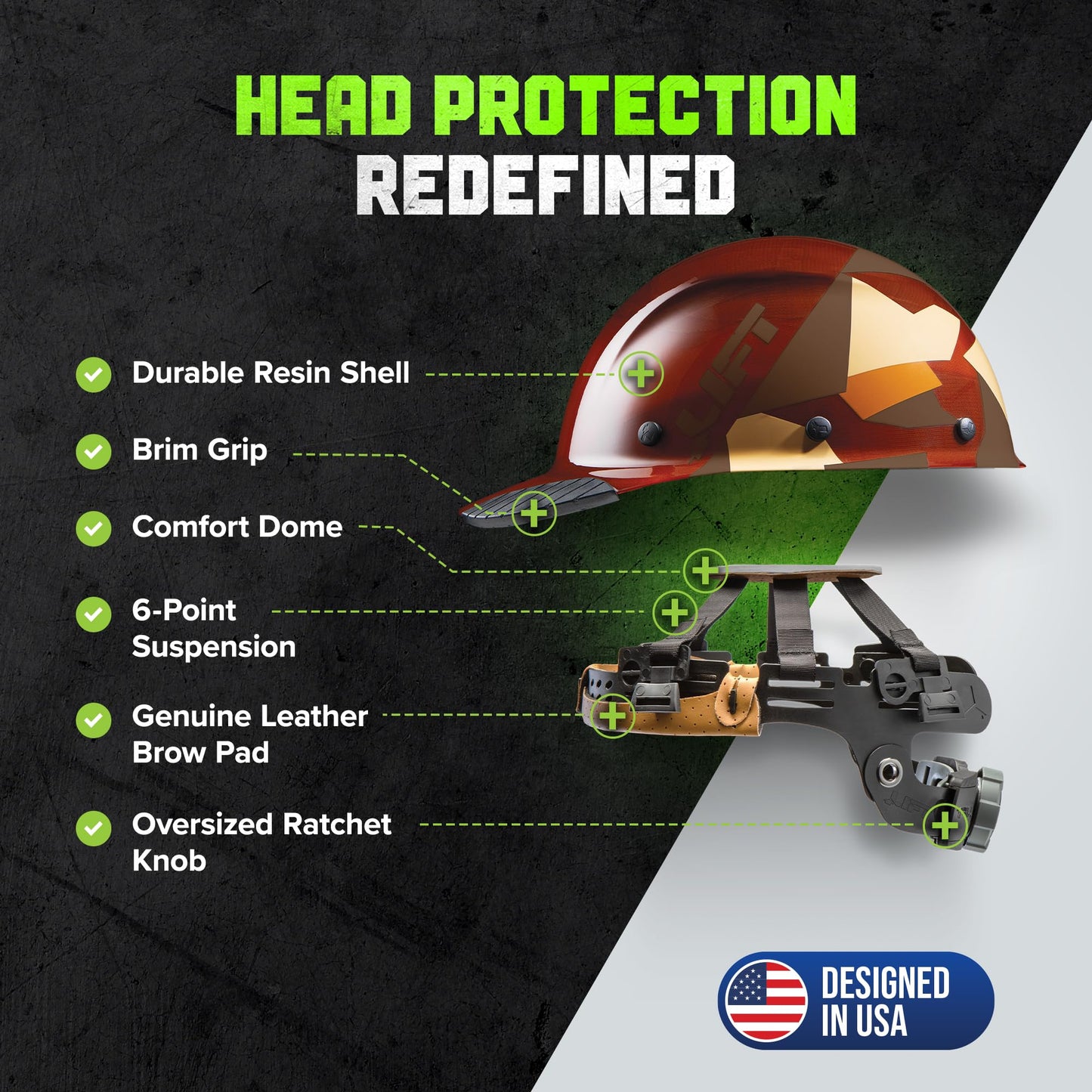 LIFT SAFETY Dax Fiber Resin Cap Brim | 6 Point Suspension for Comfort & Impact Protection | Desert Camo Gloss