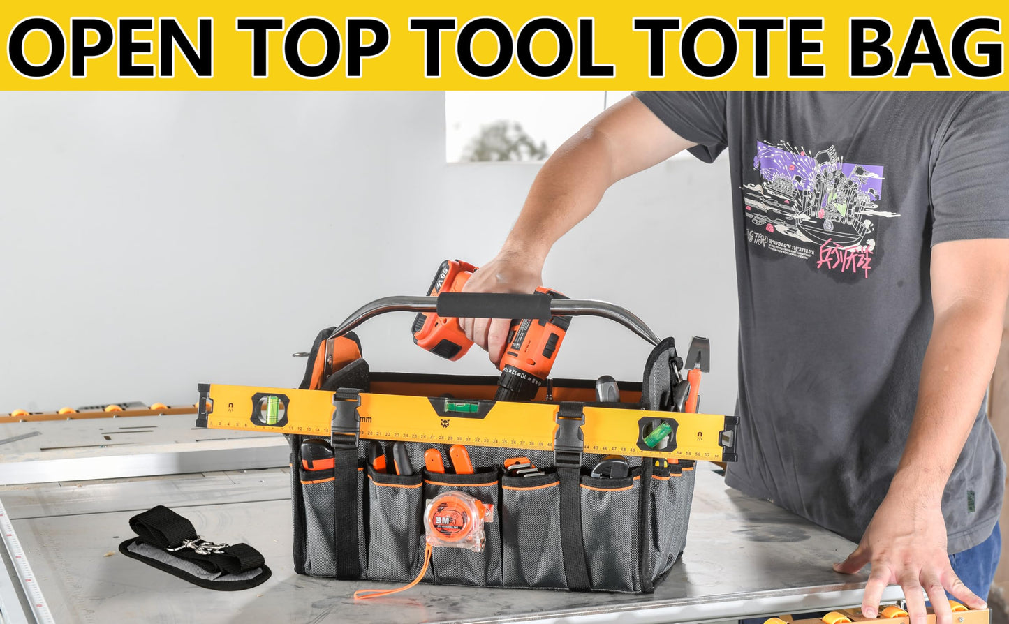 Aupofit 16 Inch Open Top Tool Bag, Pro-Grade Thick 1680D Fabric, Heavy Duty Foldabe Work Bag with Orange Interior Stainless Steel Handle & Padded Shoulder Strap, Easy Tool Access
