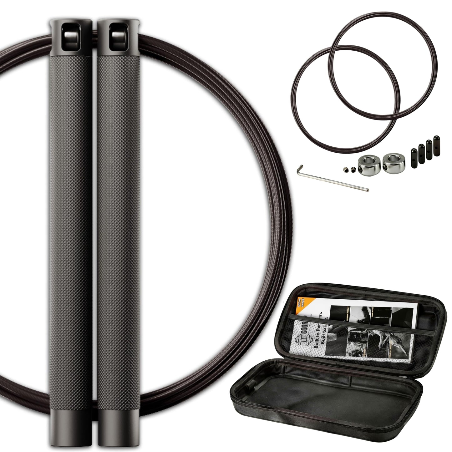 GODROP Jump Rope Black - Adjustable Speed Jump Rope - 2x Steel Coated Ropes, Carrying Case - Aluminum Anti Slip Handles with Double Ball Bearings for Double Unders, CrossFit, Boxing & Home Workout for Men & Women