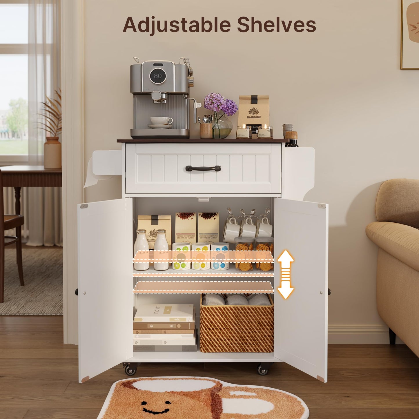 Gizoon Kitchen Island Cart with Adjustable Shelf, 33" W White Mobile Trolley Cart on Metal Wheels with Drawer & Storage Cabinet, Spice Rack & Towel Rack, for Dining Room, Bar, Retro Wooden Countertop