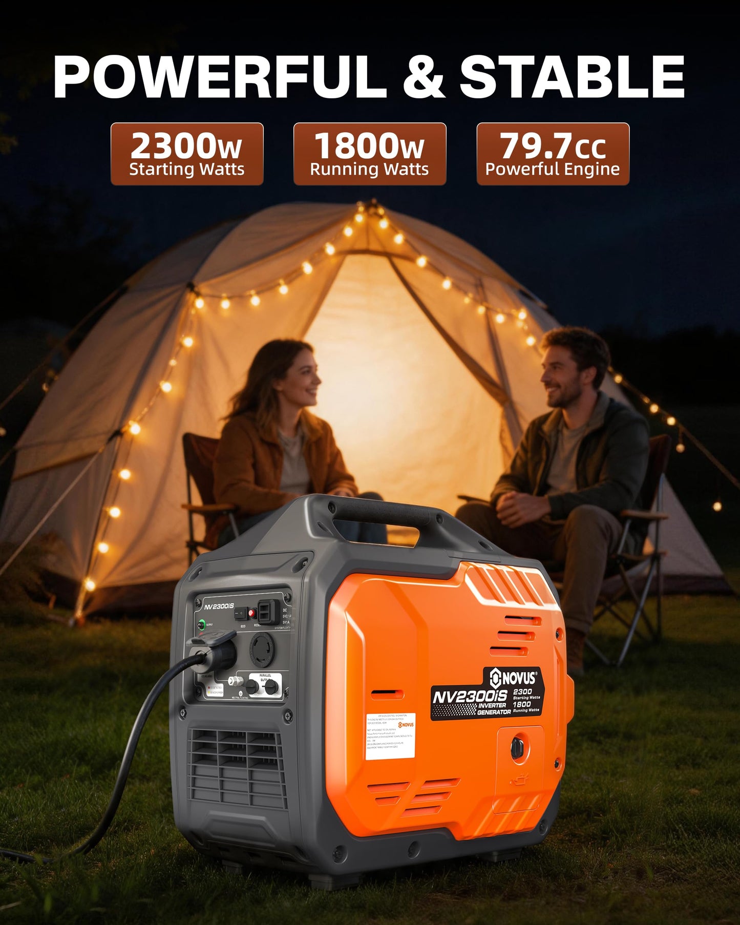NOVUS 2300W Inverter Generator, Portable Gas Generator for Camping, Home and RV, Super Quiet and Lightweight, RV Ready with 30A Outlet, CO Sensor, Parallel Ready, ECO Model Feature, EPA Compliant