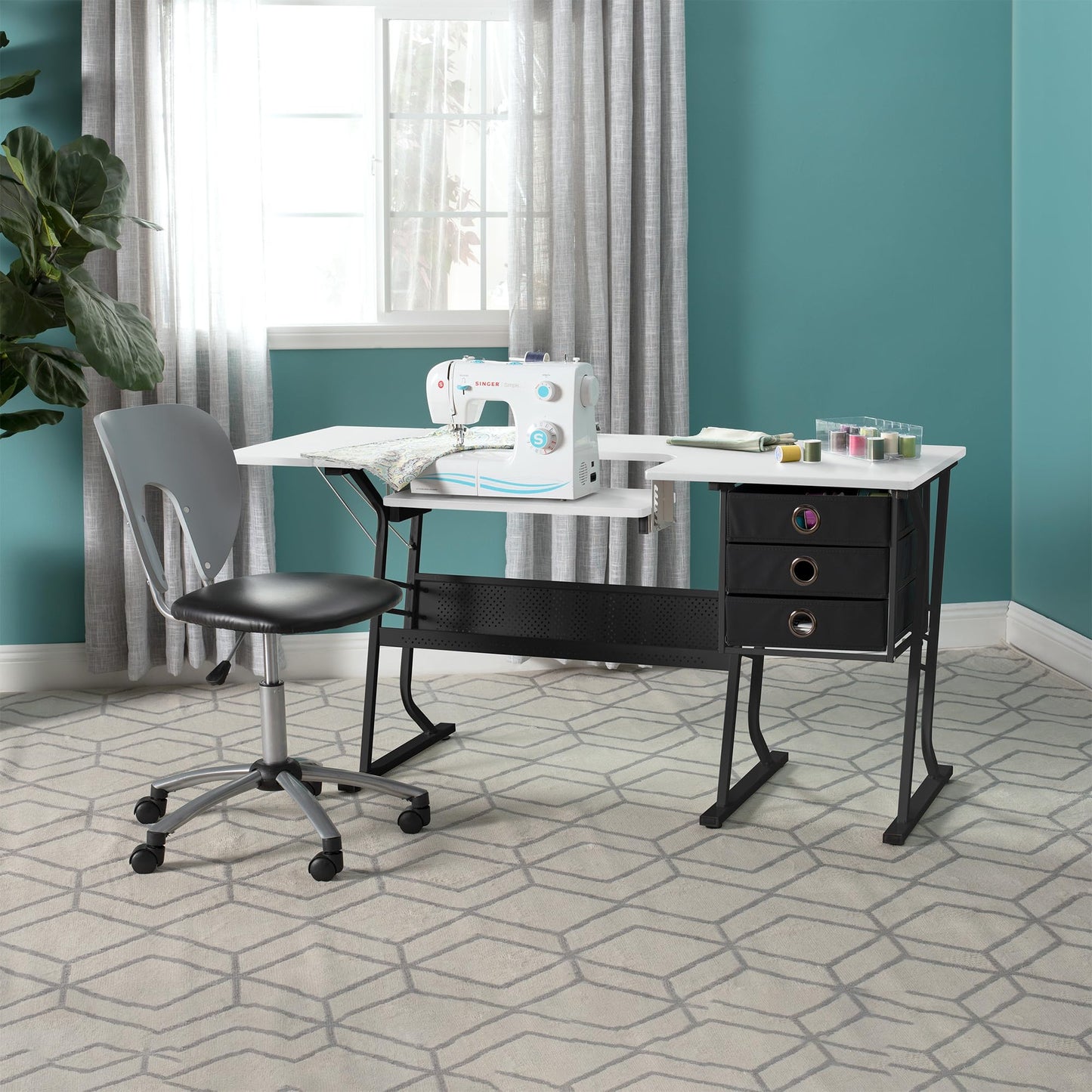 Sew Ready Eclipse Hobby Sewing Table, 60.25 x 23.75" Overall Platform Size with Large Lower Storage Drawer, 2 Side Shelves & Cloth Drawer, Black/White