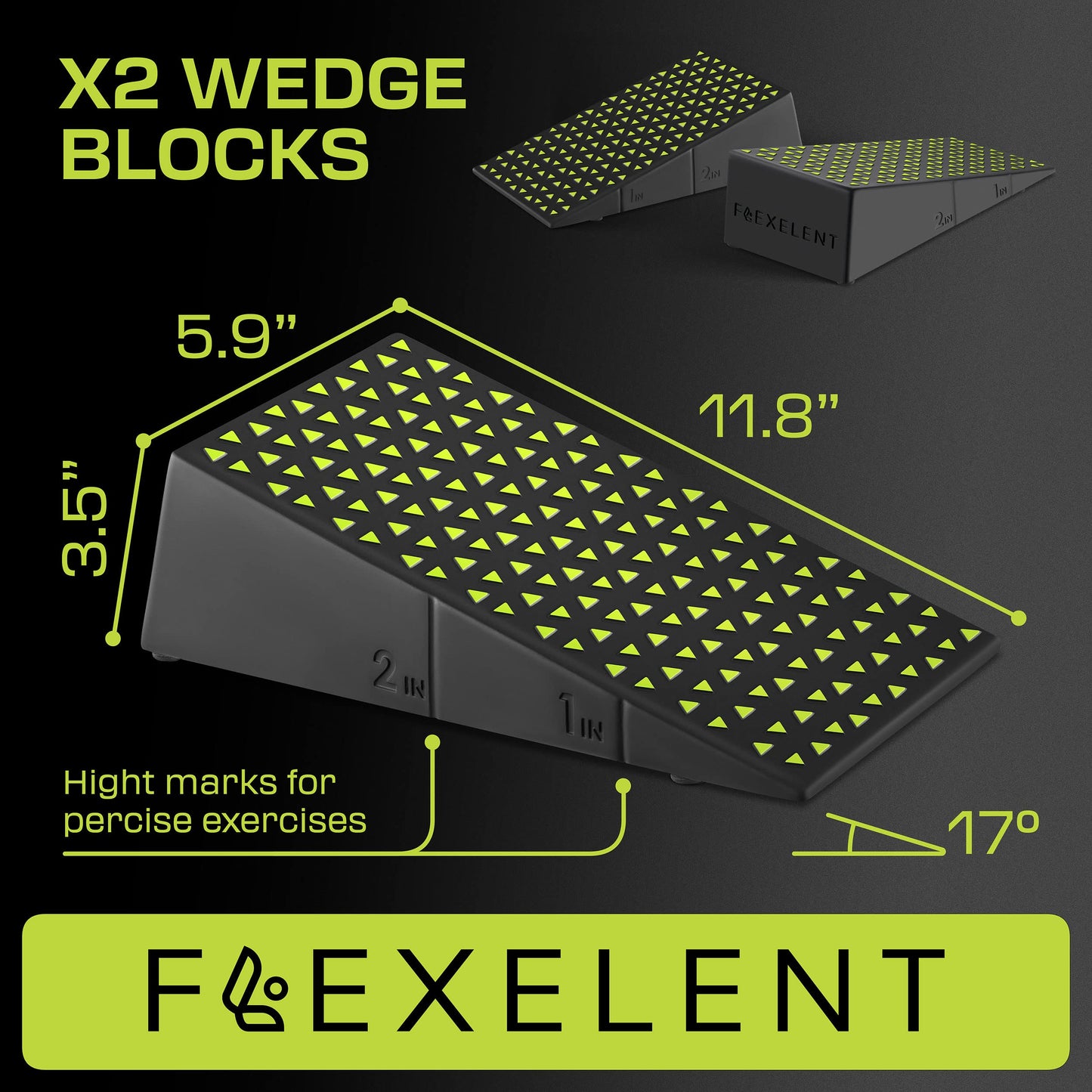 Flexelent Squat Wedge Block Pair - Heel Elevated Squat Wedge for Deeper Squats, Heavy Lifting and Better Form - 17° Angle Exercise Wedges, Slant Board for Squats with Carry Backpack - Lime Green