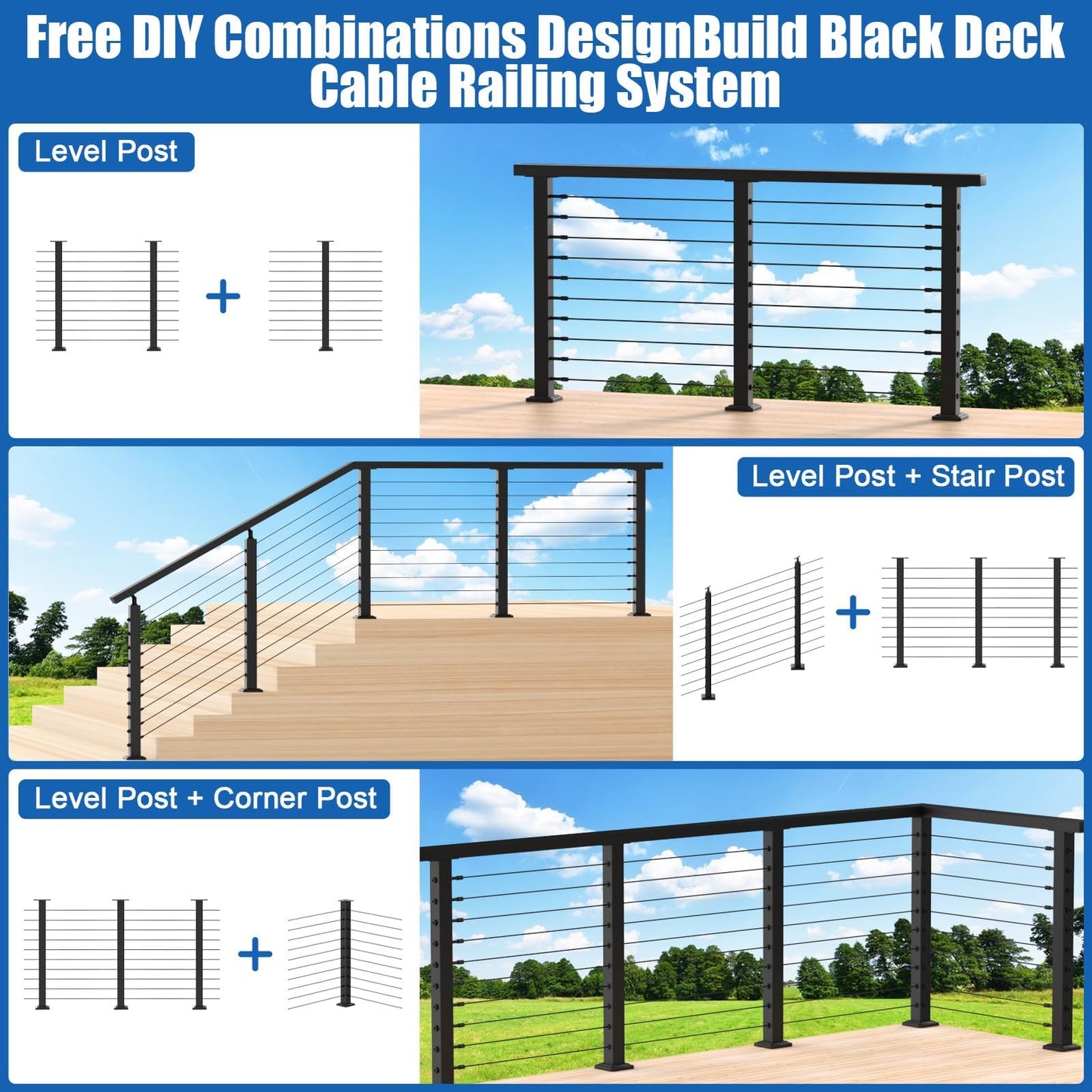 CKE 15ft-20ft Complete Set 42" Cable Railing Post Kit, 4Pack Black Level Drilled Line Posts(41"x2"x2"), Swageless Deck Cable Railing System Kit, 250ft 1/8" Wire Rope(No Handrail), Black Post Kit LPS02