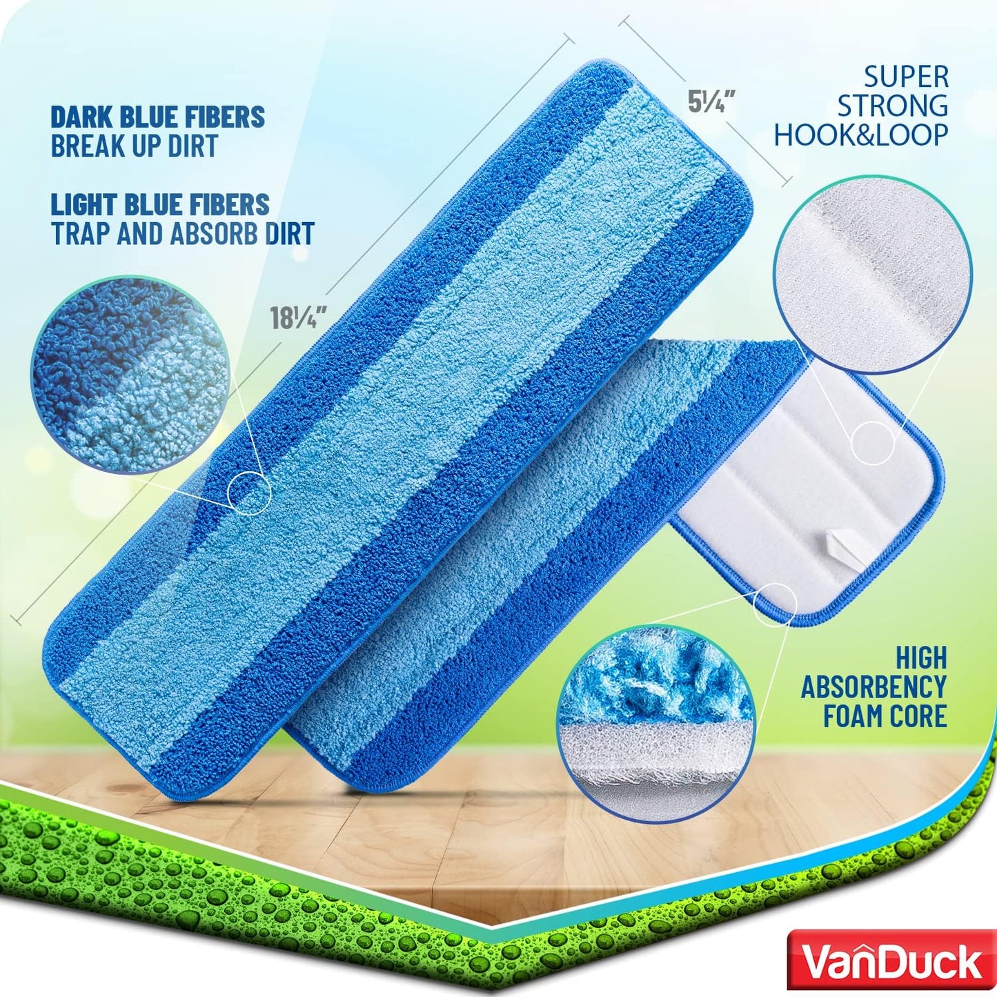 VanDuck Microfiber Mop Pads - Compatible with Bona Mop, 18 Inch, 3 Pack for Hardwood Floors