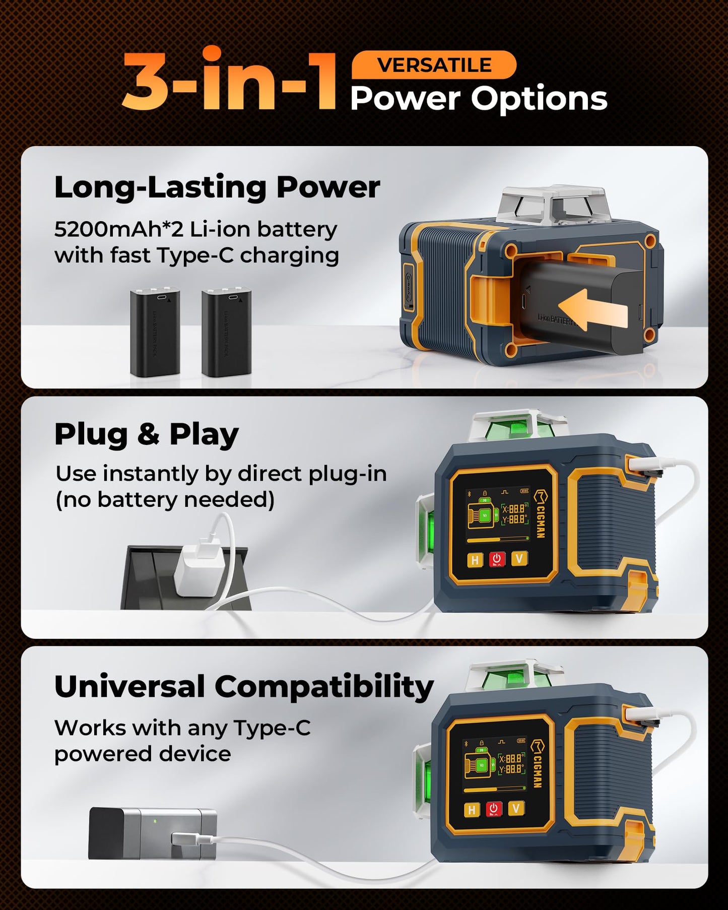 CIGMAN Green Laser Level, 3x360° Side LCD 12-Line Self-Leveling, Bluetooth App Remote, Pulse Mode for Receiver, ±1/8 in. at 33 ft Accuracy, 2x Li-ion (USB-C), 1/4-20 Mount, IP54, ABS Hard Case - S03
