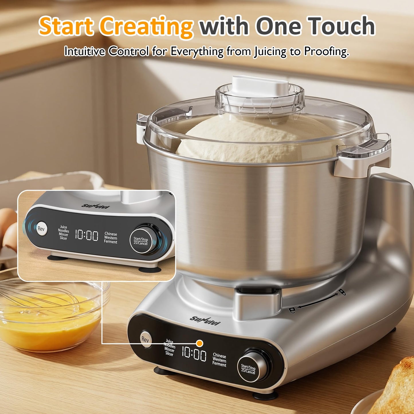 Sunvivi 4-in-1 Multifunction Stand Mixer with Fermentation, 5.3QT Electric Dough Mixer for Chinese & Western Dough, Slow Juicer, Meat Grinder, Salad Maker, LED Display & Knob Control, Stainless Steel
