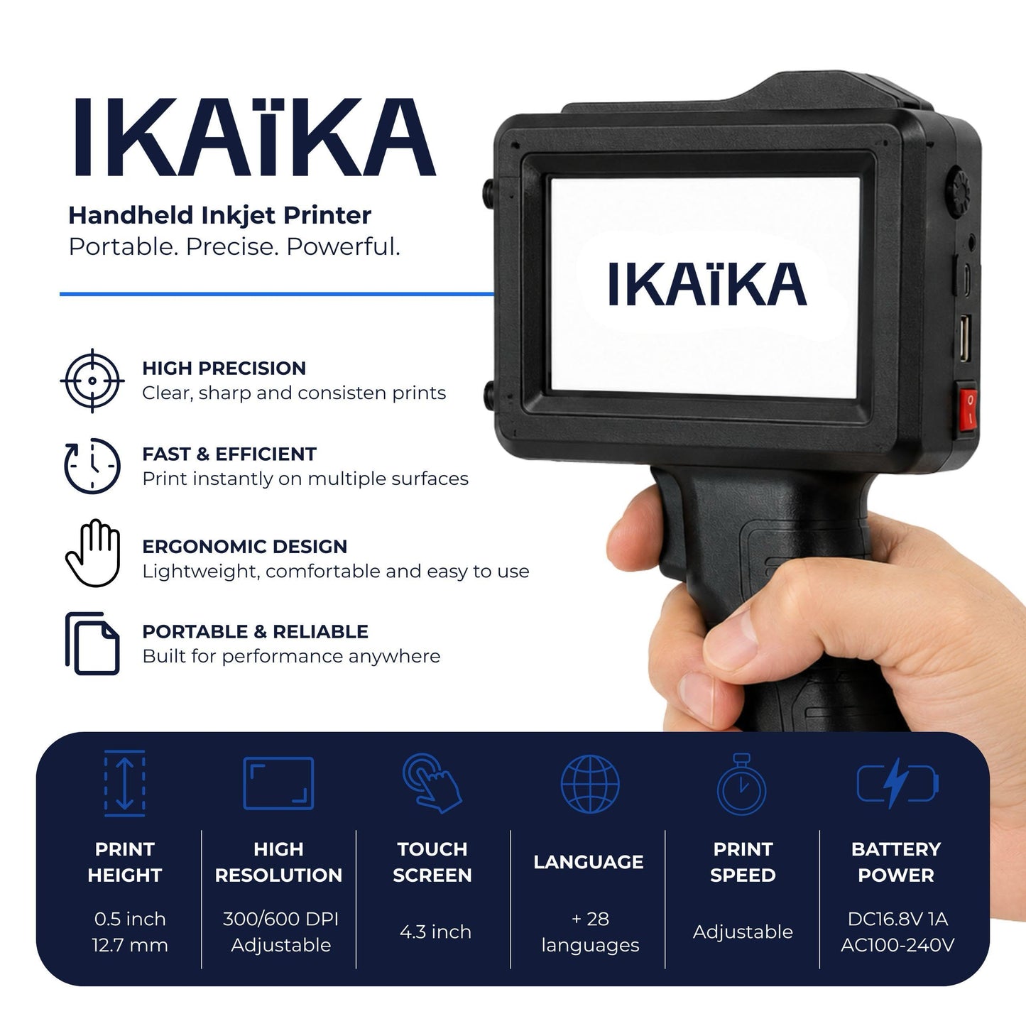 Ikaïka - Handheld Inkjet Printer 12.7mm - Portable Inkjet Printer Gun for Logo & Small Business - Handheld Label Printer for Packaging, Clothes, Wood & Metal - Batch Coding Pad Printing Machine