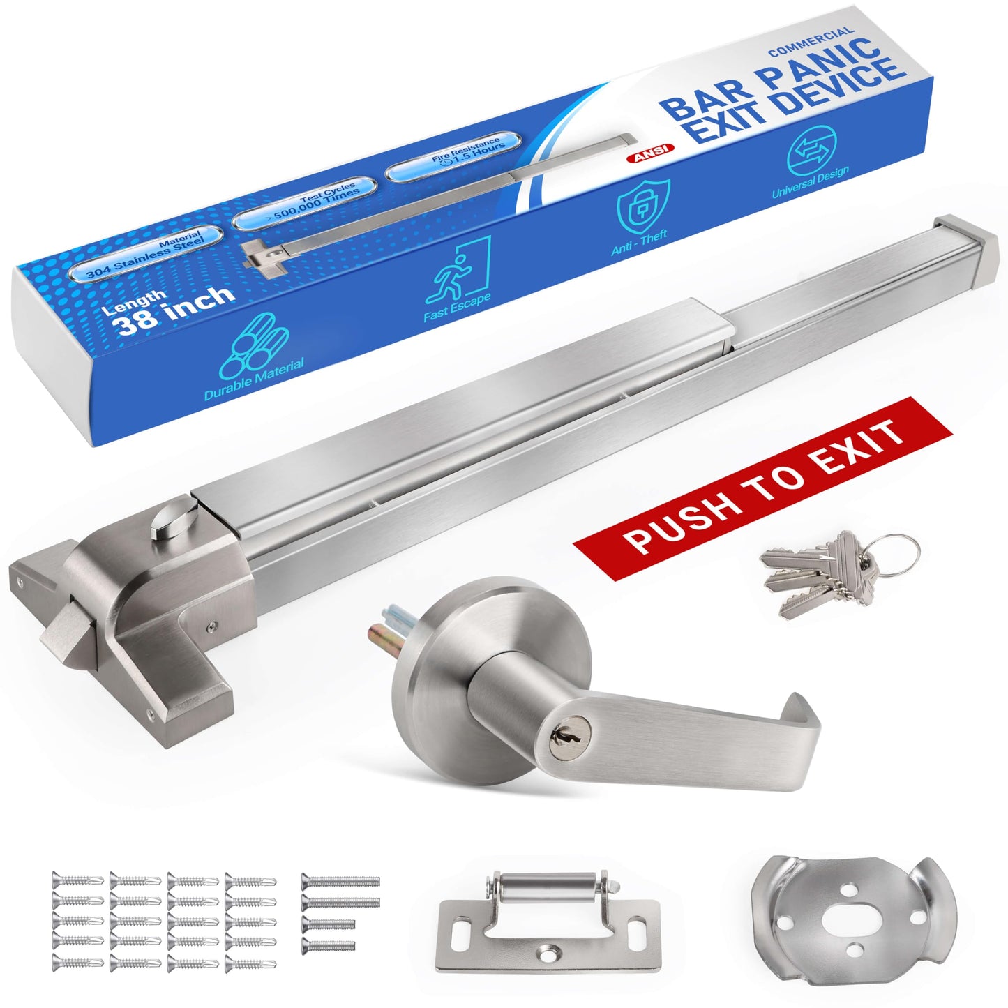 Polar Tangro Commercial Door Push Panic Bar, SS304 Panic Bars with Exterior Lever Handle, 38’’ Exit Device with 3 Keys for Emergency Exit, Suitable for Metal, Wood, and Left/Right Handed Doors