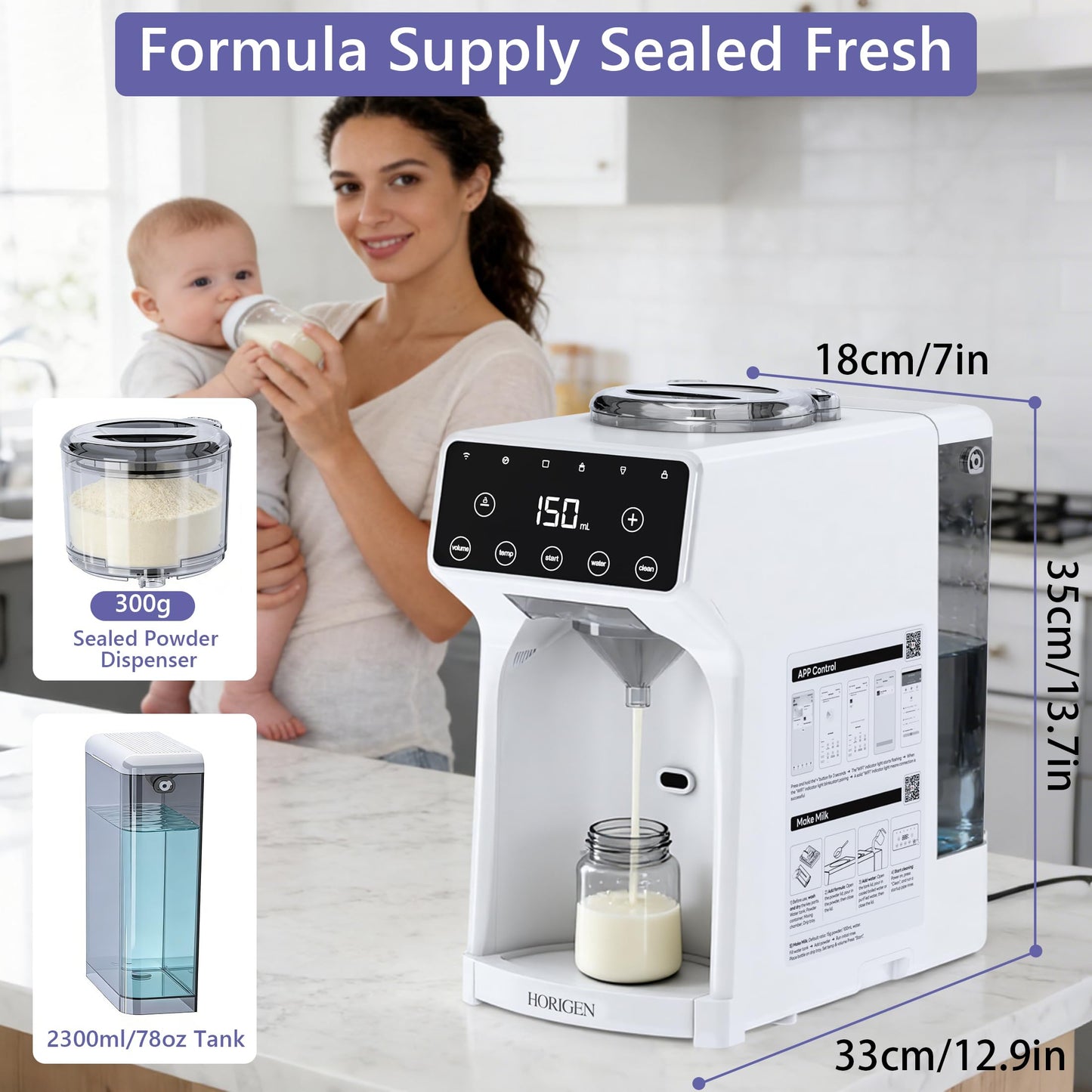 Horigen Smart Baby Formula Maker - Advanced WiFi Bottle Maker Formula Machine with Automatic Mix & Clean, Instant Warm Water, Fast Milk Make with Accurate Dispensing & Temperature Control