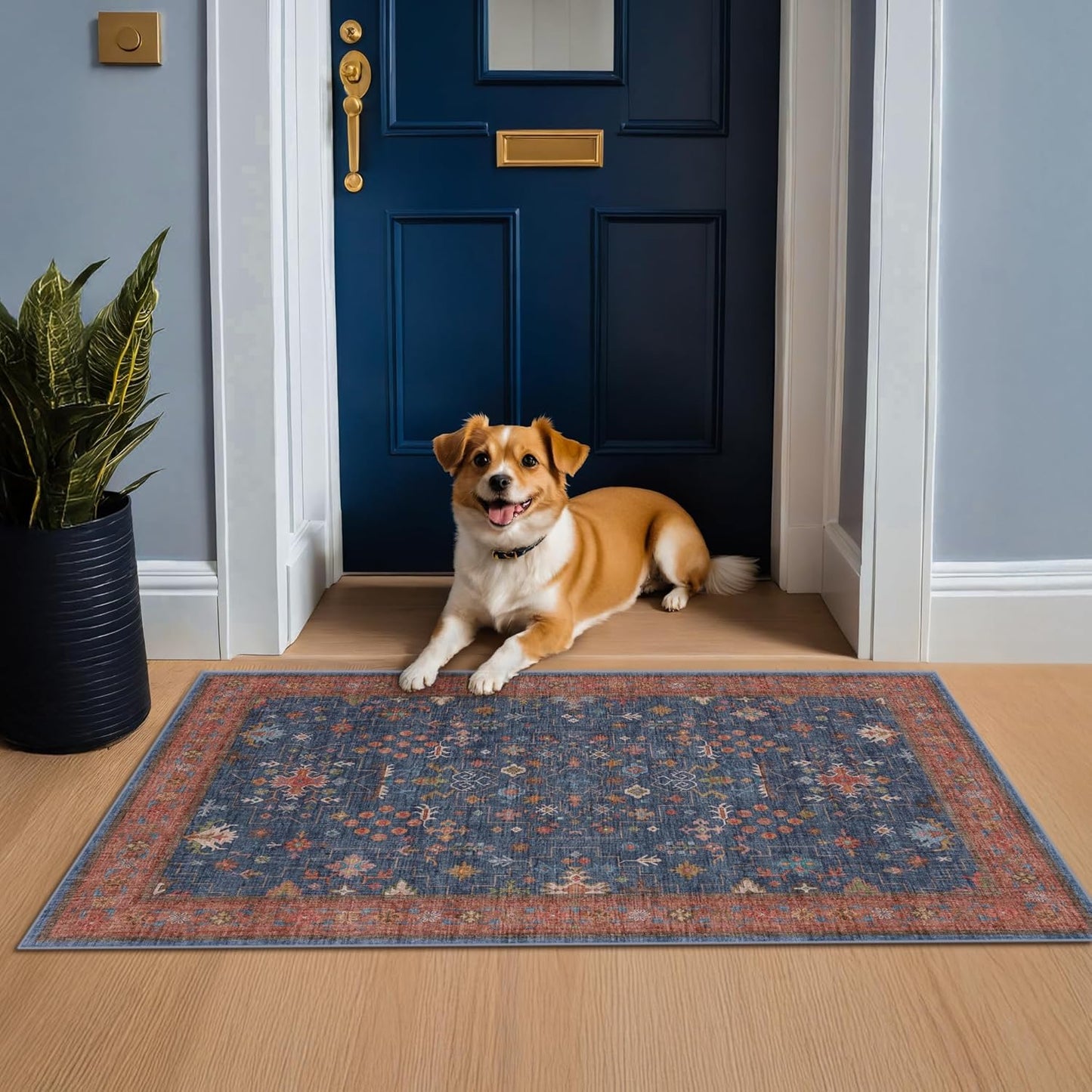 Skiennix Large 3x5 Kitchen Rug - Non-Slip, Machine Washable, Stain Resistant | Tribal Farmhouse Décor (Navy Blue)