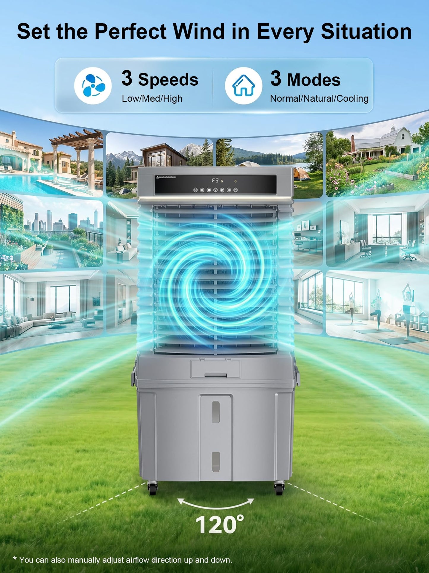 Uthfy 4000CFM Swamp Cooler for Large Room, 41” Evaporative Air Cooler with 13.5Gal Detachable Water Tank, 12H Timer, Ambient Light, 120° Oscillation, Indoor & Outdoor Air Conditioner for Patio, Garage