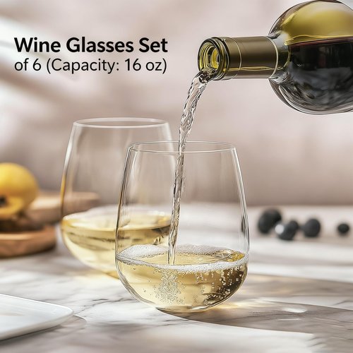 6 Pack Unbreakable Tritan Plastic Wine Glasses, 16 oz Reusable Stemless Wine Glass, BPA Free Tumblers, Drinking Glassware, Perfect for Indoor & Outdoor, Poolside, Party, Camping, Shatterproof 100%﻿