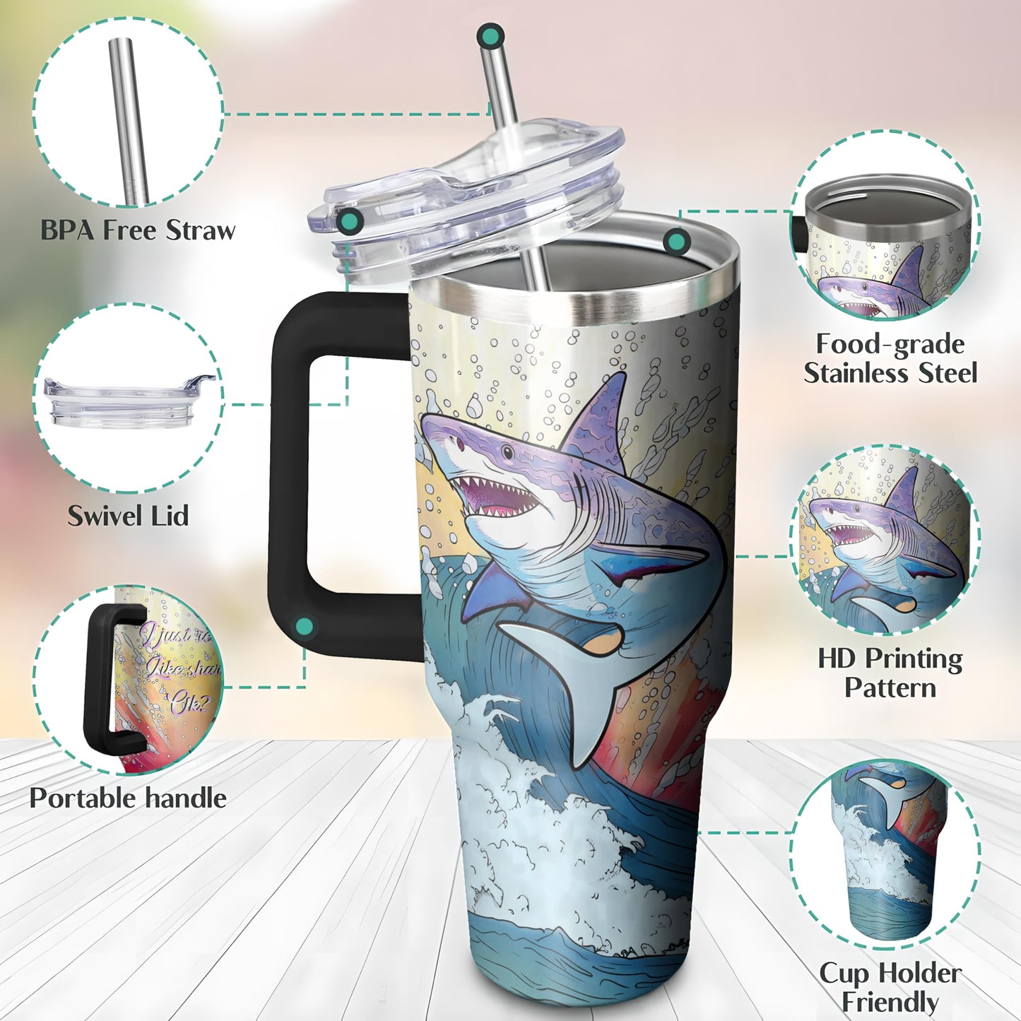 Ksoemar 40 Oz Shark Tumbler with Handle and Straw, Double Wall Stainless Steel Shark Cup, Sharks Coffee Mug Keeps Drinks Cold & Hot Gifts for Women Men Friends for Birthday, Chrismas, Thanksgiving