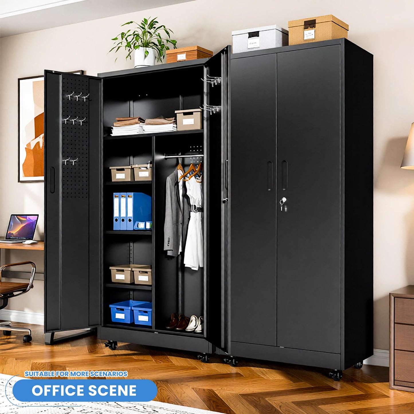 BIZOEIRON Metal Garage Storage Cabinet with Pegboard and Hanging Rod, 71'' Tall Metal Broom Closet Storage Cabinets, Rolling Tool Cabinet on Wheels for Garage, Utility Room (Black)