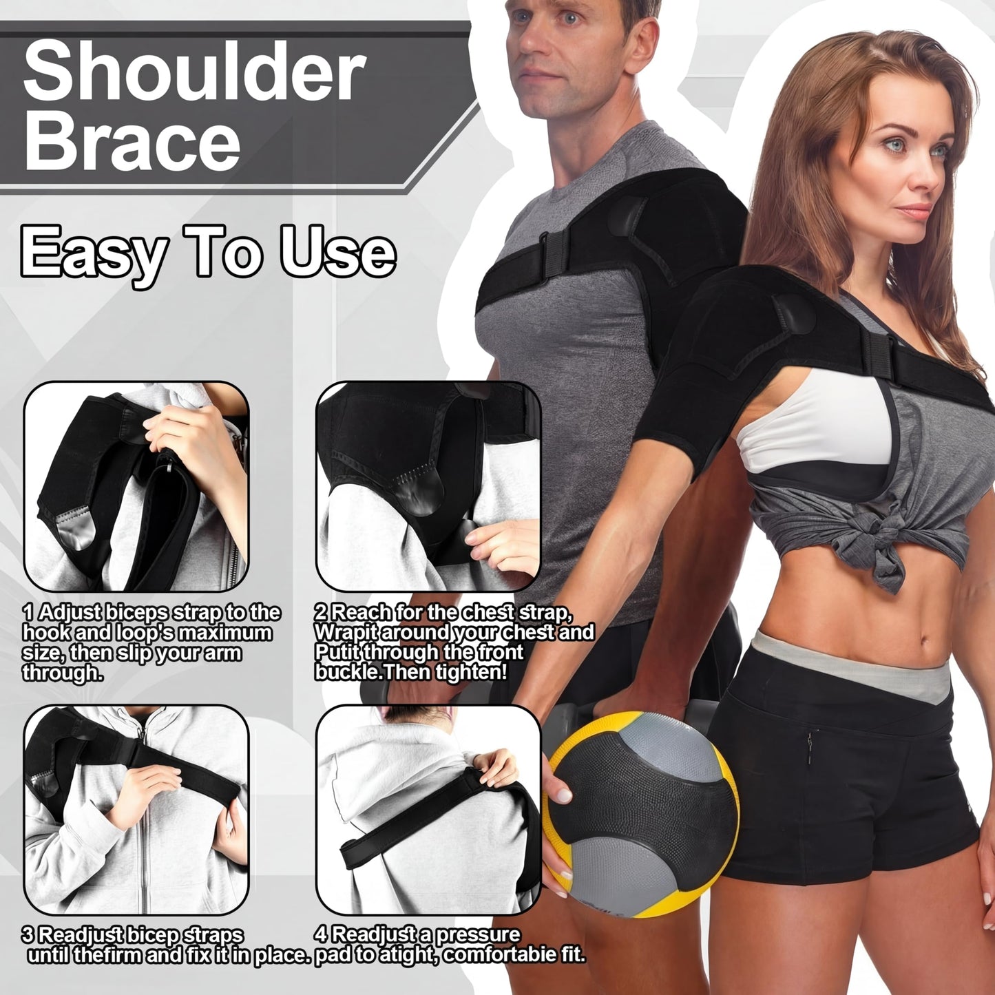 Cuffbow 2 Pcs Black Shoulder Brace Adjustable Large Size Shoulder Support for Men and Women Adjustable Arms Joint Compression Sleeve, Suitable for Both Left and Right Arms