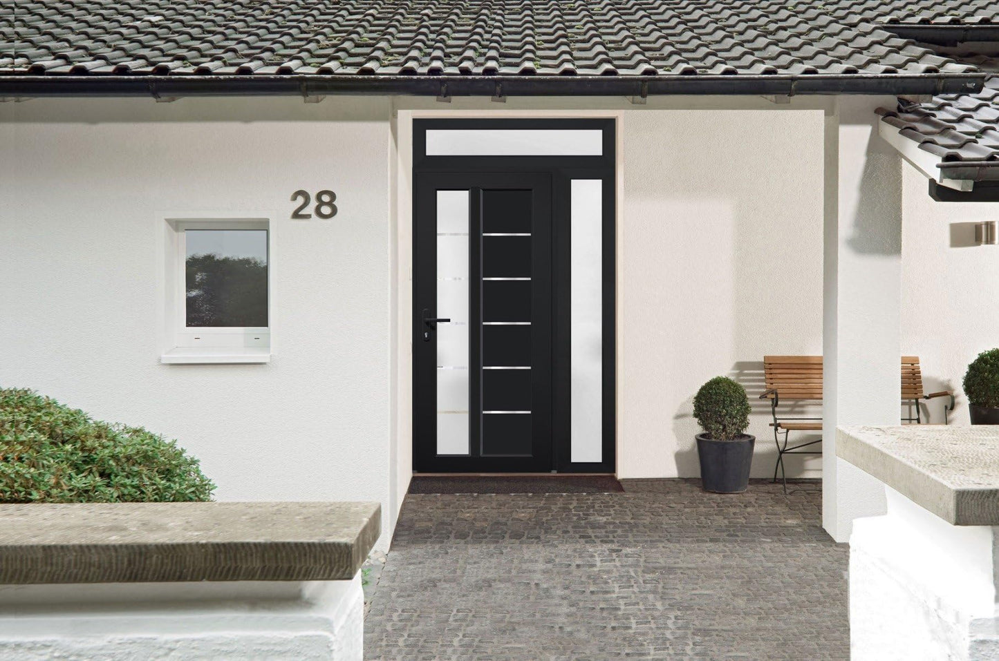 VDOMDOORS Front Exterior Prehung Fiberglass Door Frosted Glass/Manux 8088 Matte Black/Side and Top Exterior Window/Entrance Patio Garage-W30+16" x H80+14"-Right-Hand Inswing
