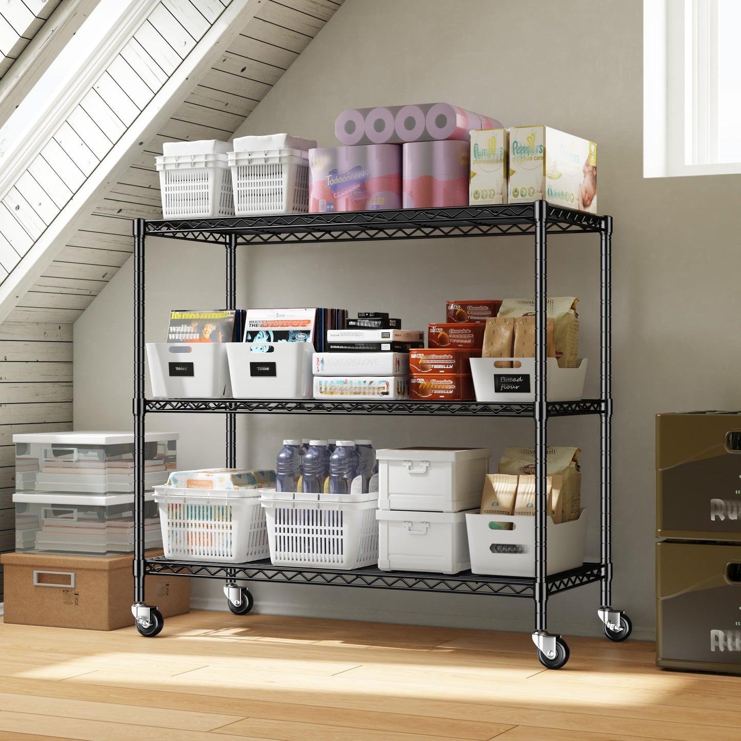 DurayLoly 3 Tier Metal Shelving Unit Adjustable Storage Shelves,Heavy Duty Shelf with Wheels for Kitchen,Office,Bathroom,Easy Assembly Wire Shelving for Laundry,Garage,45" W x 17.7" D x 41" H,Black.