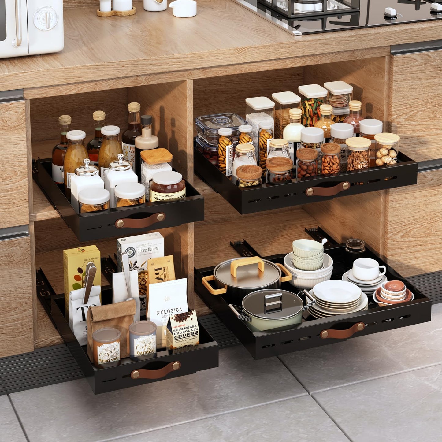 Livofloral Pull Out Cabinet Organizer, Expandable(11.8"-19.7" W) Slide out Drawers for Kitchen Cabinets Fixed with Adhesive Nano Film, Pull out Shelves for Kitchen Pantry Organization, Black, 1 Pack