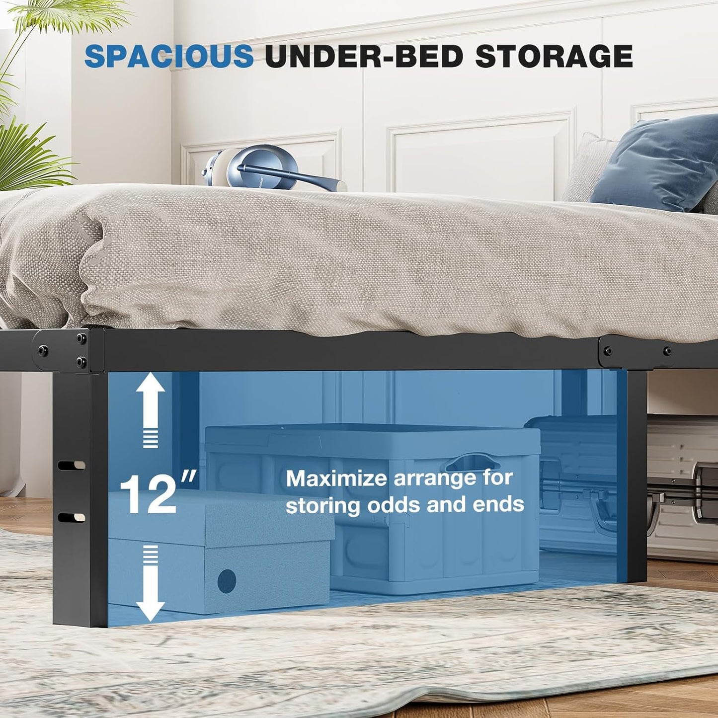 OLIXIS Metal Twin Bed Frame - 14-Inch High with Storage Space & Sturdy Steel Slat Support | 800LBS Capacity, Black