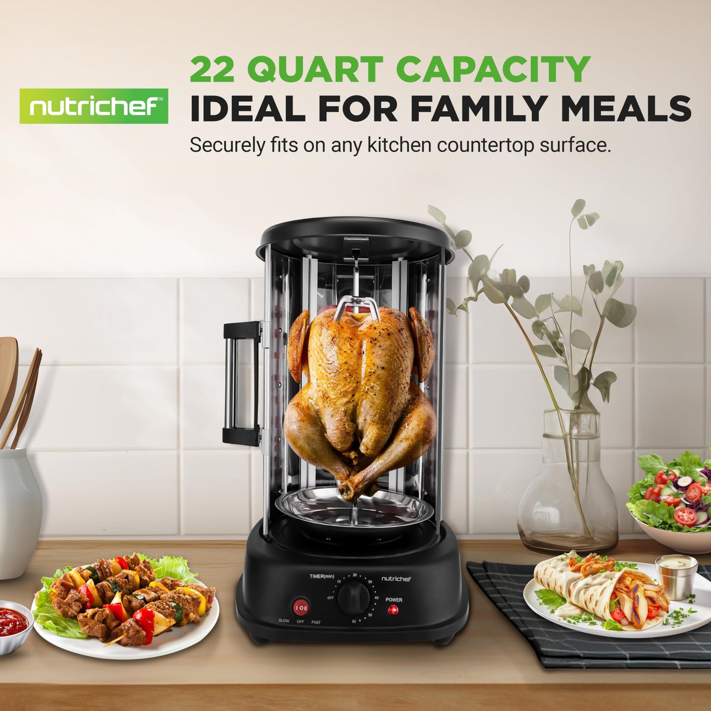 NutriChef Countertop Vertical Rotating Oven - Rotisserie Shawarma Machine, Kebob Machine, Stain & Heat Resistant Door & Energy Efficient, Includes Kebob Rack with 7 Skewers (PKRTVG34)