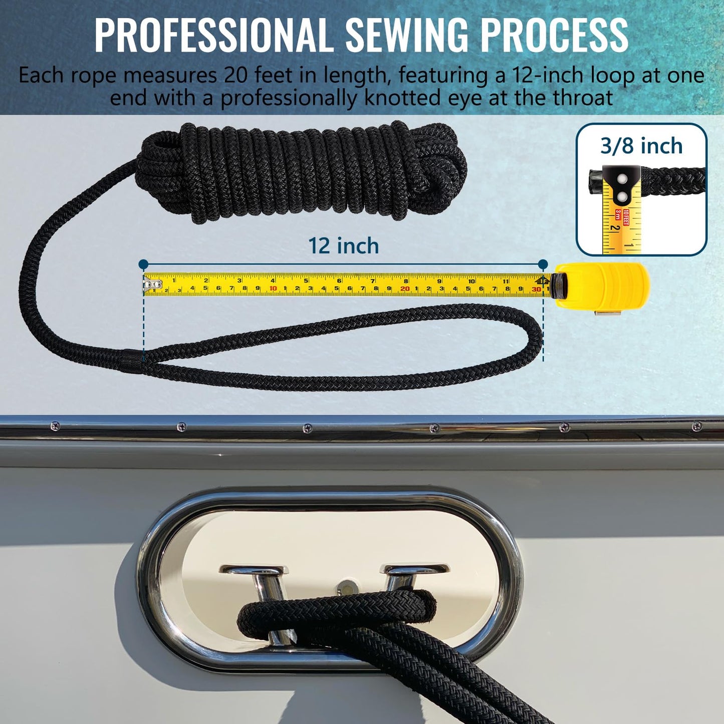 2 Pack 3/8" x 20' Boat Dock Lines for Boat & Pontoon, Premium Marine- Grade Double Braided Nylon Boat Lines, Pre-Spliced with a 12" Eyelet-Black,High Strength,Easy Handling,Boating Gifts for Men.